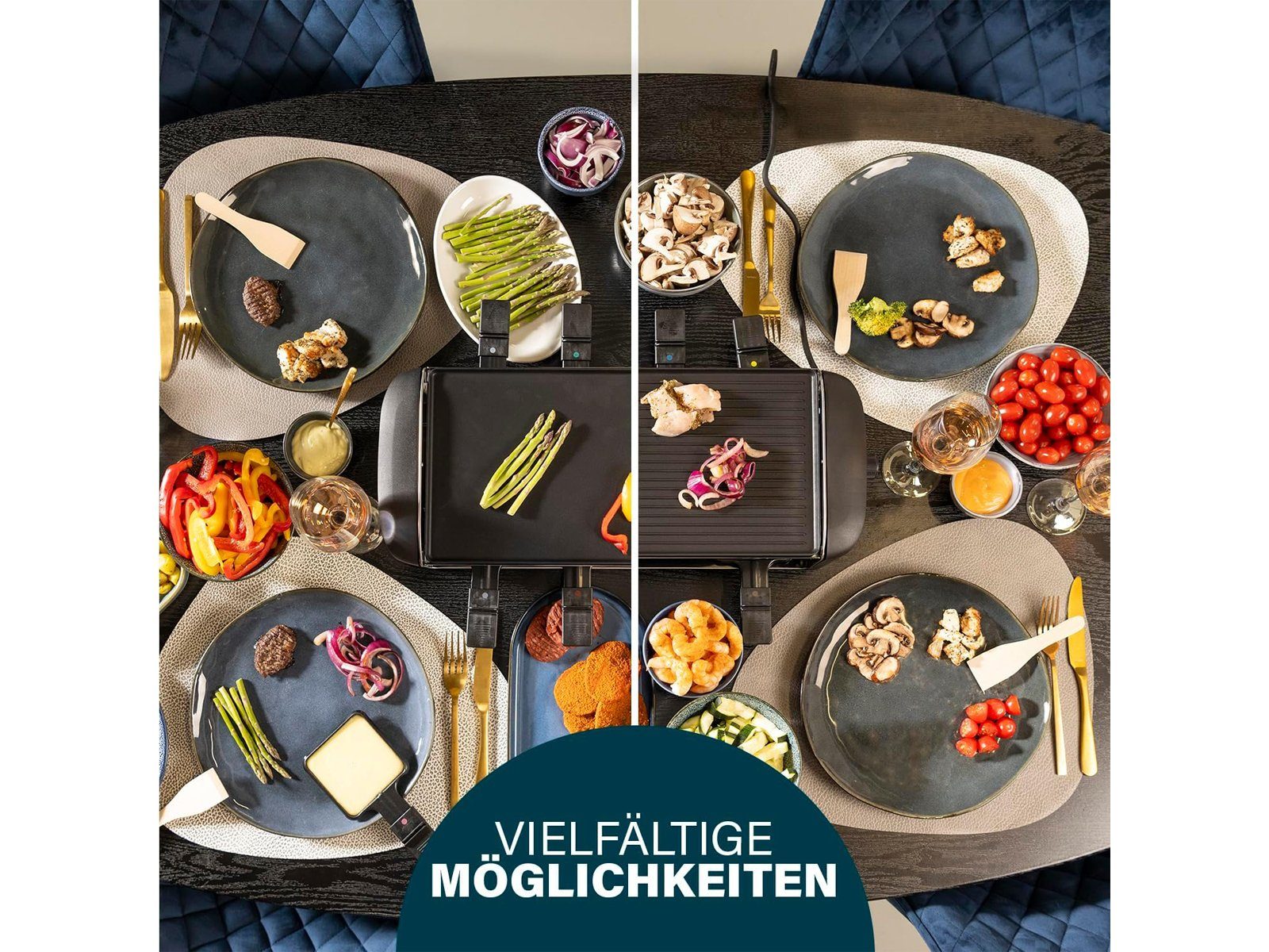 Setpoint Raclette, 8 Raclettepfännchen, 1400 Gabeln Personen Gerät & XL wendbare großes für Platte W, Tisch-Grill 2-8