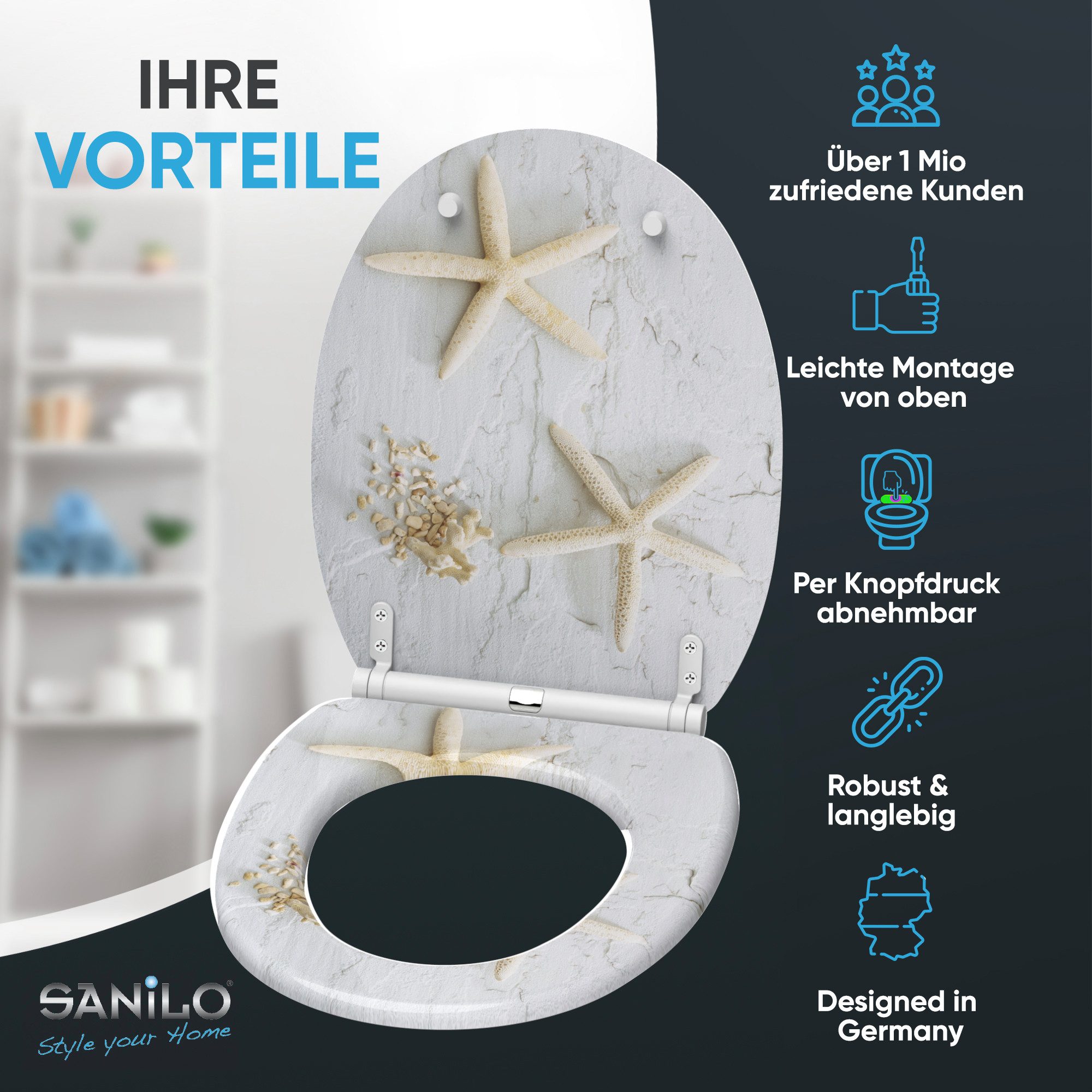 Sanilo WC-Sitz Seestern mit Absenkautomatik & Quick Release, Premium Toilettendeckel, abnehmbar, leichte Montage von oben