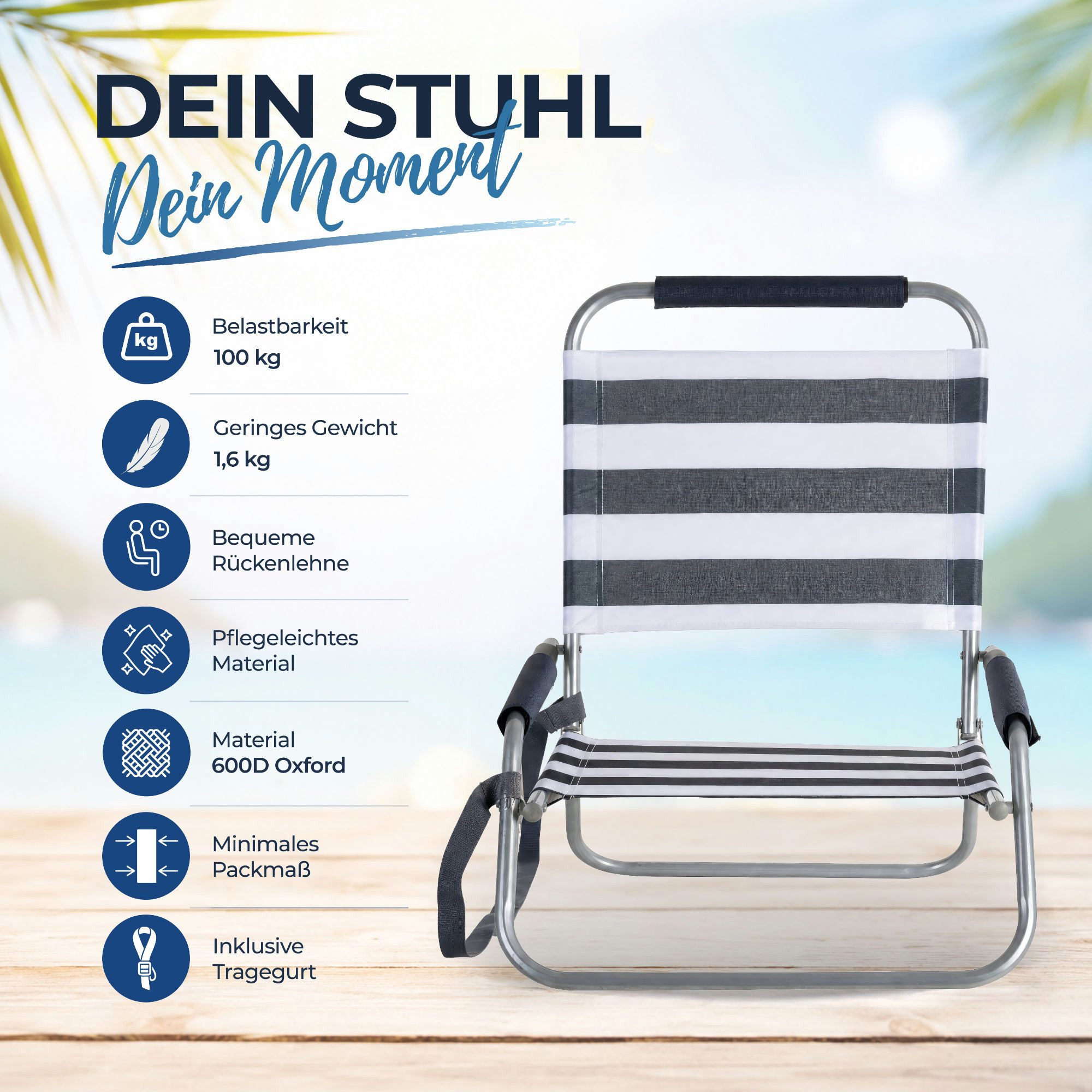 Stagecaptain Klappstuhl Strandstuhl klappbar leicht mit Schultergurt und Rückenlehne (1 St), Niedrige Sitzhöhe - alles griffbereit am Boden