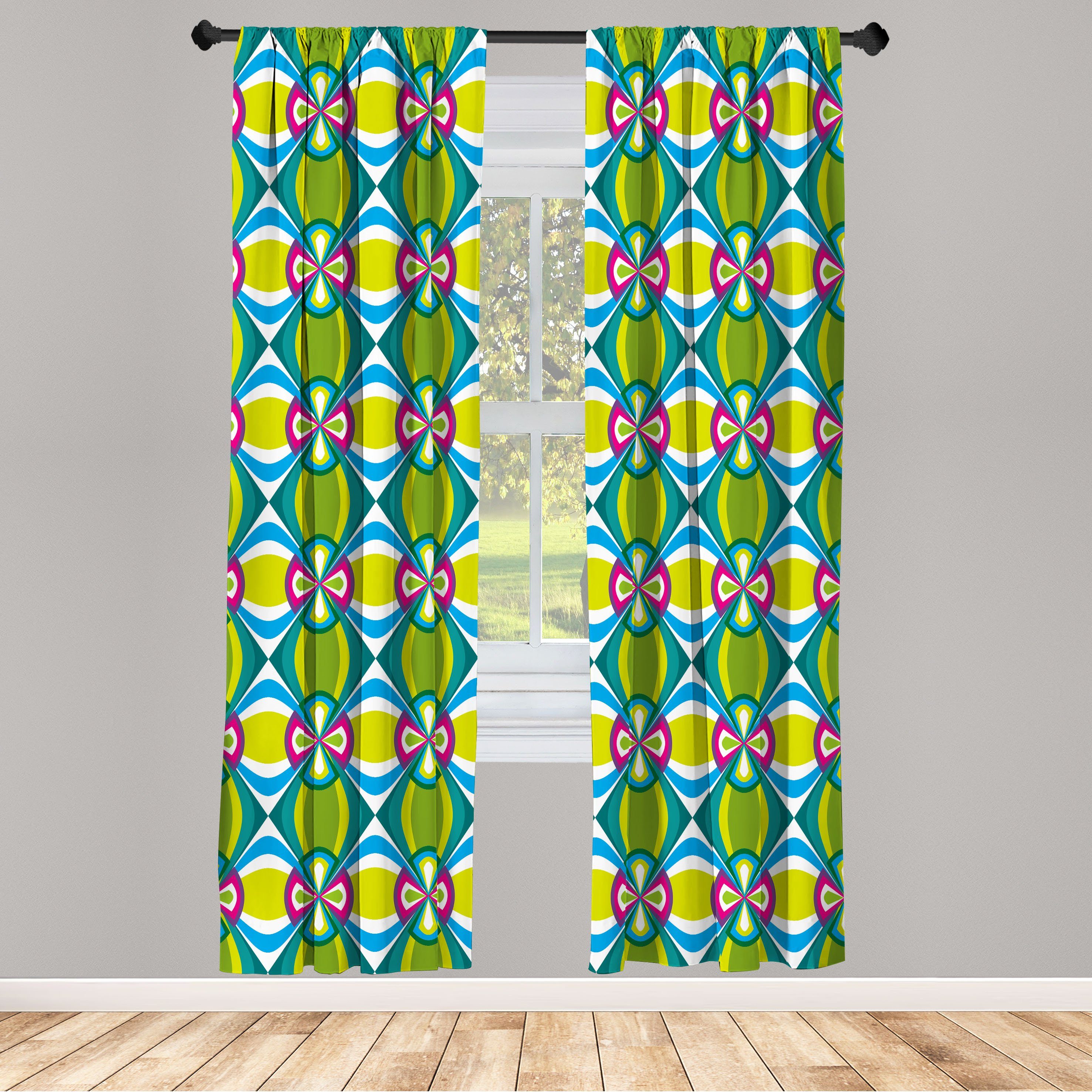 Gardine Vorhang für Wohnzimmer Schlafzimmer Dekor, Abakuhaus, Microfaser, Abstrakt Floral Kurvige Karo