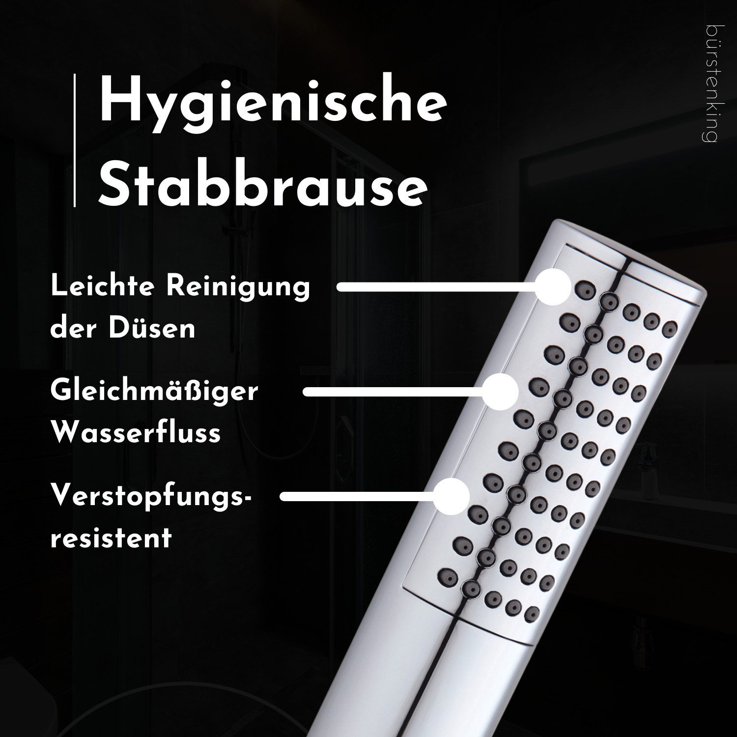Bürstenking Handbrause Stabbrause Chrom – wassersparend, Silikondüsen G 1/2“ Anschlussgewinde, Wassersparend – Bild 4 von 5