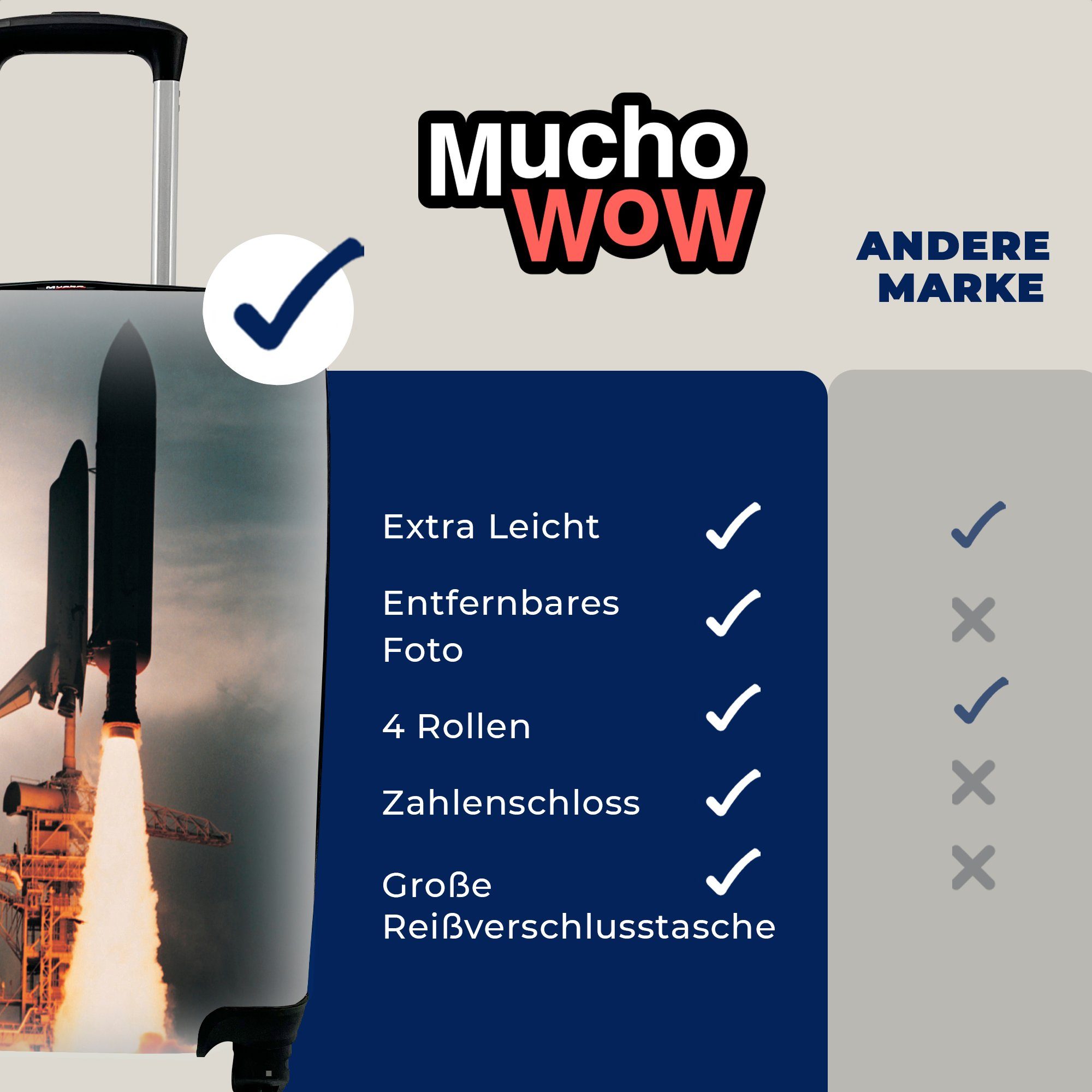 MuchoWow Handgepäckkoffer Eine aufsteigende Raumfähre Reisekoffer Handgepäck rollen, am Ferien, Himmel, Trolley, für mit dunklen 4 Rollen, Reisetasche