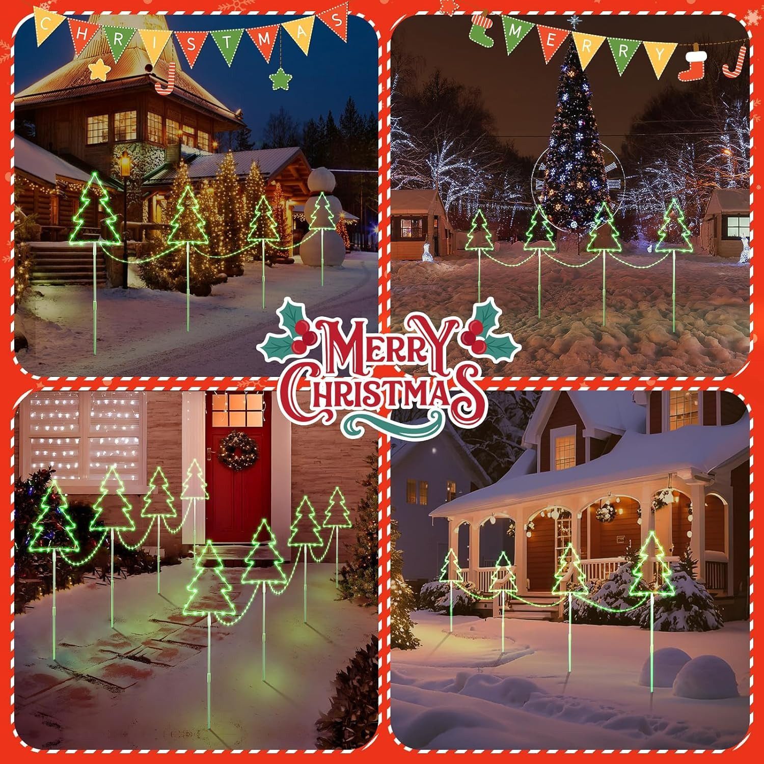 Quntis LED-Lichterkette Weihnachtsdeko Gartenstecker mit Timer, Weihnachtsbeleuchtung Garten, 4er Set Weihnachtsbäume mit stecker für Weihnachten Außen Wege Ras – Bild 5 von 5