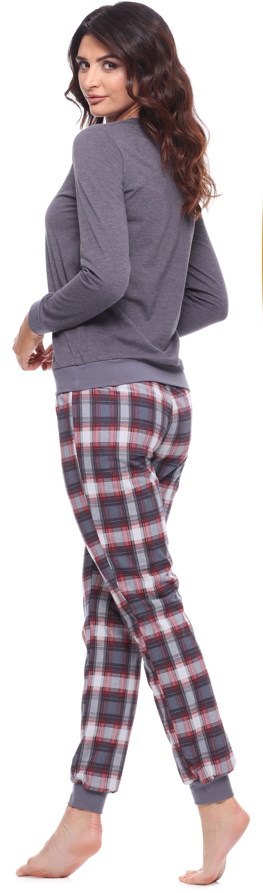 Dunkelmelange/Burgund lang Zweiteiler Muster Pyjama Style Schlafanzug bunt mit Schlafanzug Merry Damen MS10-268