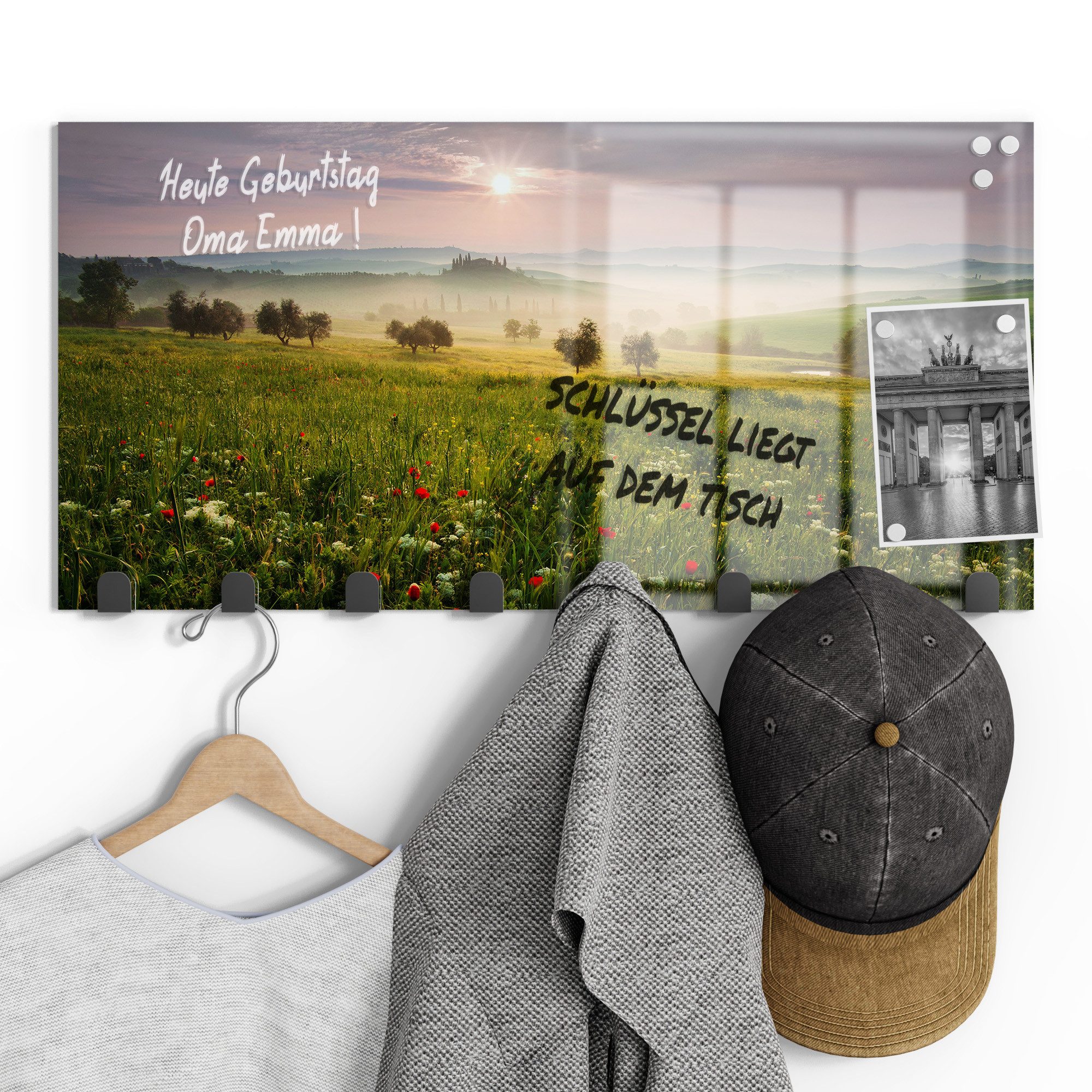 DEQORI Kleiderhaken 'Idyllisches Morgenlicht', Glas Garderobe Paneel magnetisch beschreibbar