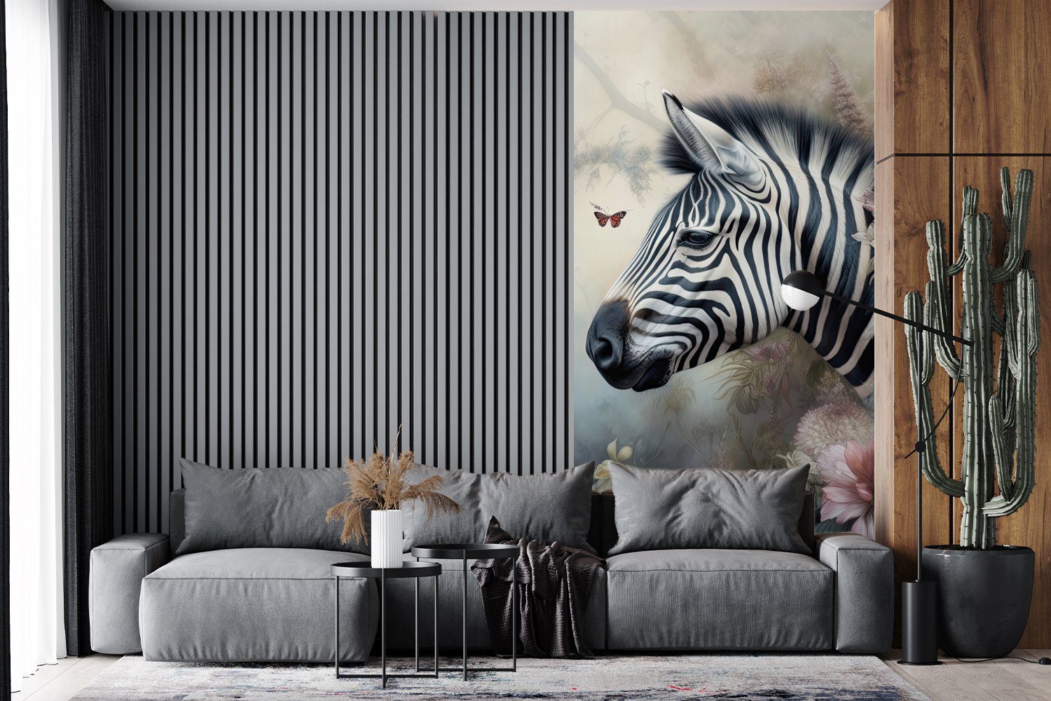 Matt, MuchoWow Schmetterling bedruckt, Wohnzimmer Vliestapete Küche, Tiere Fototapete Zebra Schlafzimmer (2 Fototapete Wilde - - St), Blumen, - für