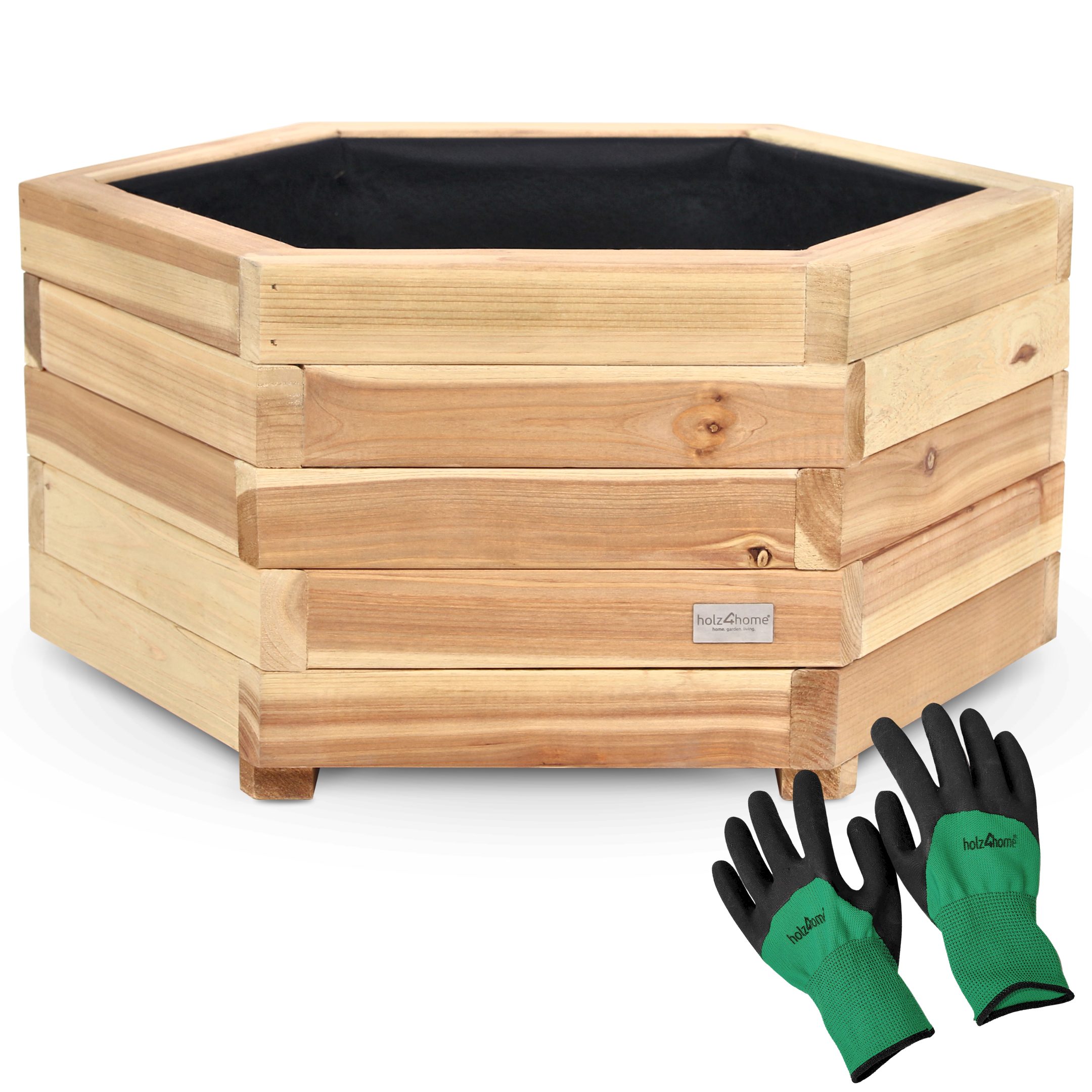 holz4home® Pflanzkübel 6-eckig aus Tannenholz I Outdoor Blumenkübel für Garten Balkon, inkl. Gartenhandschuhe & Vlies
