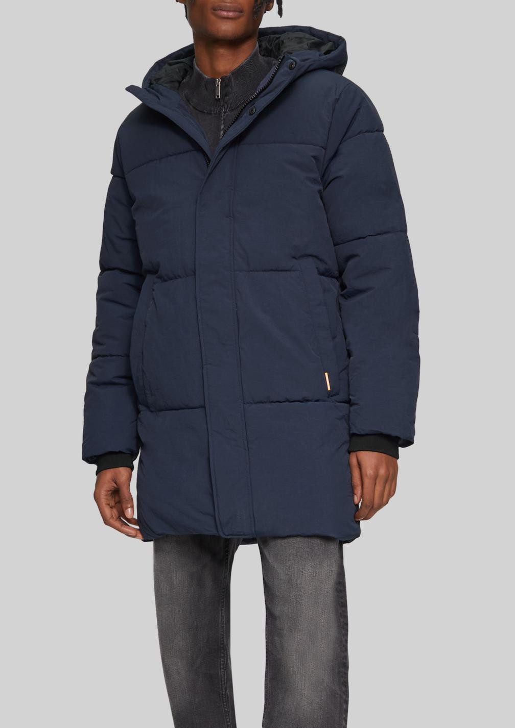 QS Steppjacke Mantel (1, 1-St) gesteppt, Kapuze, verdeckte Knopfleiste