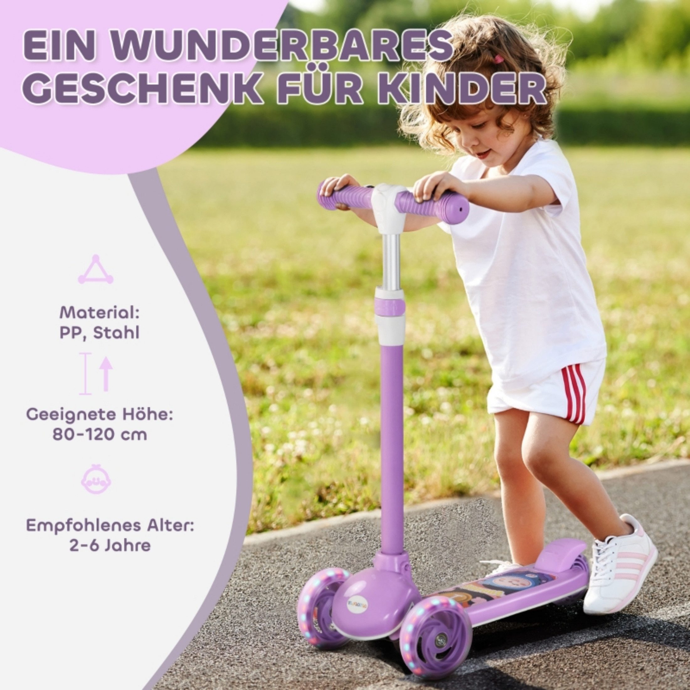 autolock Cityroller Scooter Roller Kinderroller mit LED-Rädern, höhenverstellbar, faltbar, sicherer Tretroller aus Kunststoff/Stahl, Lila, für 2–6 Jahre