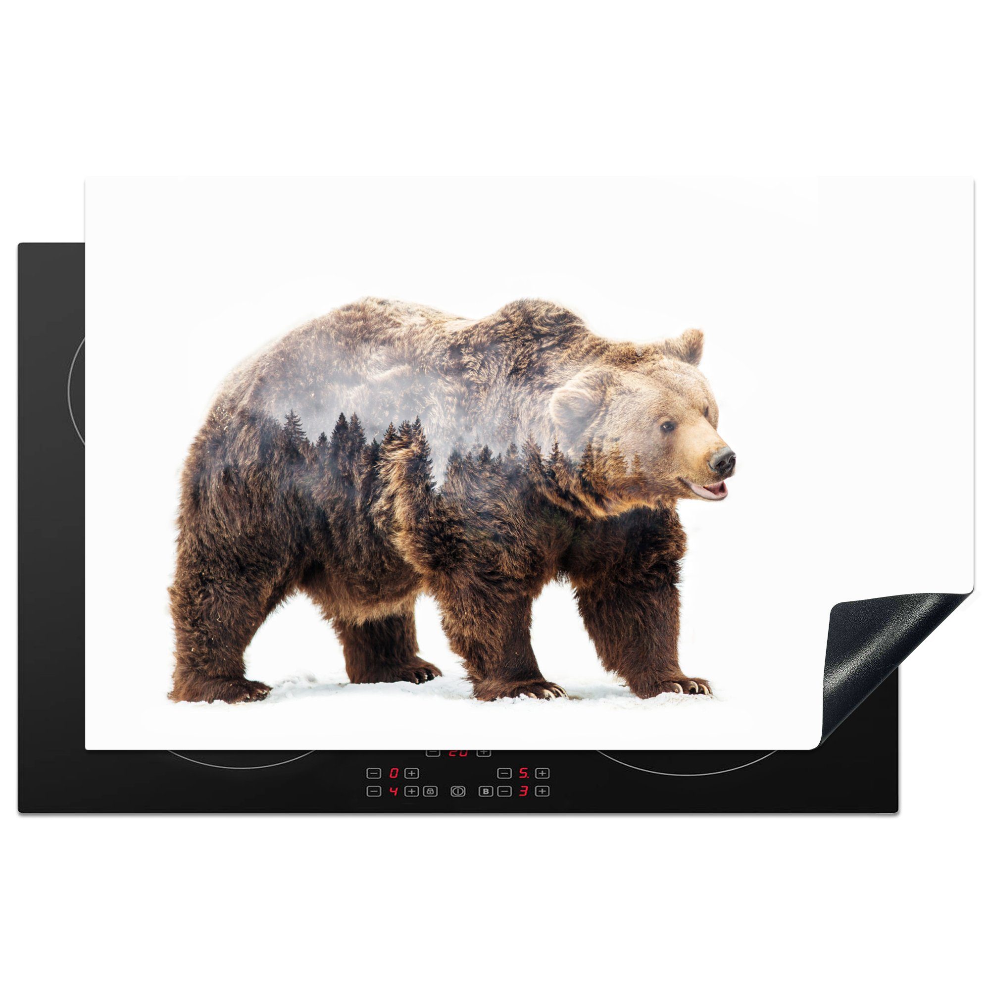 MuchoWow Herdblende-/Abdeckplatte Mehrfachbelichtung eines Bären und eines Waldes, Vinyl, (1 tlg), 81x52 cm, Induktionskochfeld Schutz für die küche, Ceranfeldabdeckung