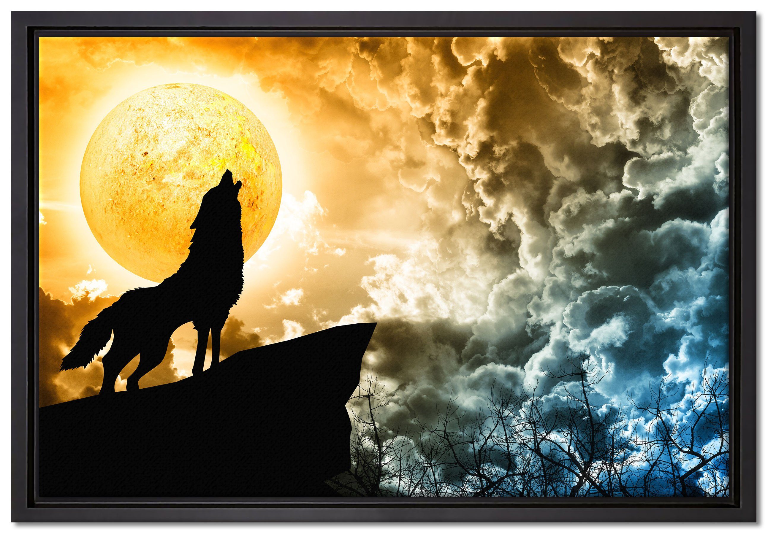 (1 Leinwandbild an, bespannt, Leinwandbild inkl. einem Wanddekoration den St), Pixxprint Schattenfugen-Bilderrahmen fertig heult Mond Wolf in Zackenaufhänger gefasst,