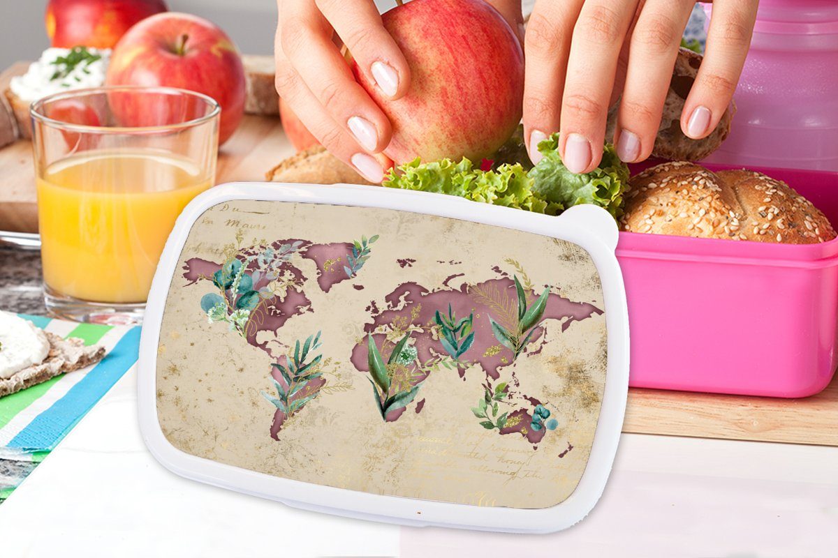MuchoWow Lunchbox Weltkarte - - Kunststoff Papyrus Snackbox, für Erwachsene, Kinder, Brotbox Brotdose Retro, (2-tlg), Mädchen, rosa Kunststoff