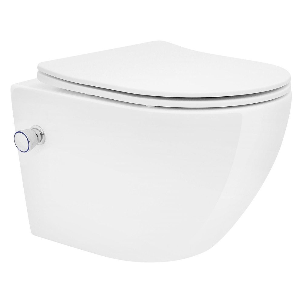 LuxeBath Tiefspül-WC Spülrandloses Hänge WC Keramik mit WC-Sitz abnehmbar Softclose, Wand-WC kurz Weiß mit Bidet Funktion Toilettensitz Duroplast