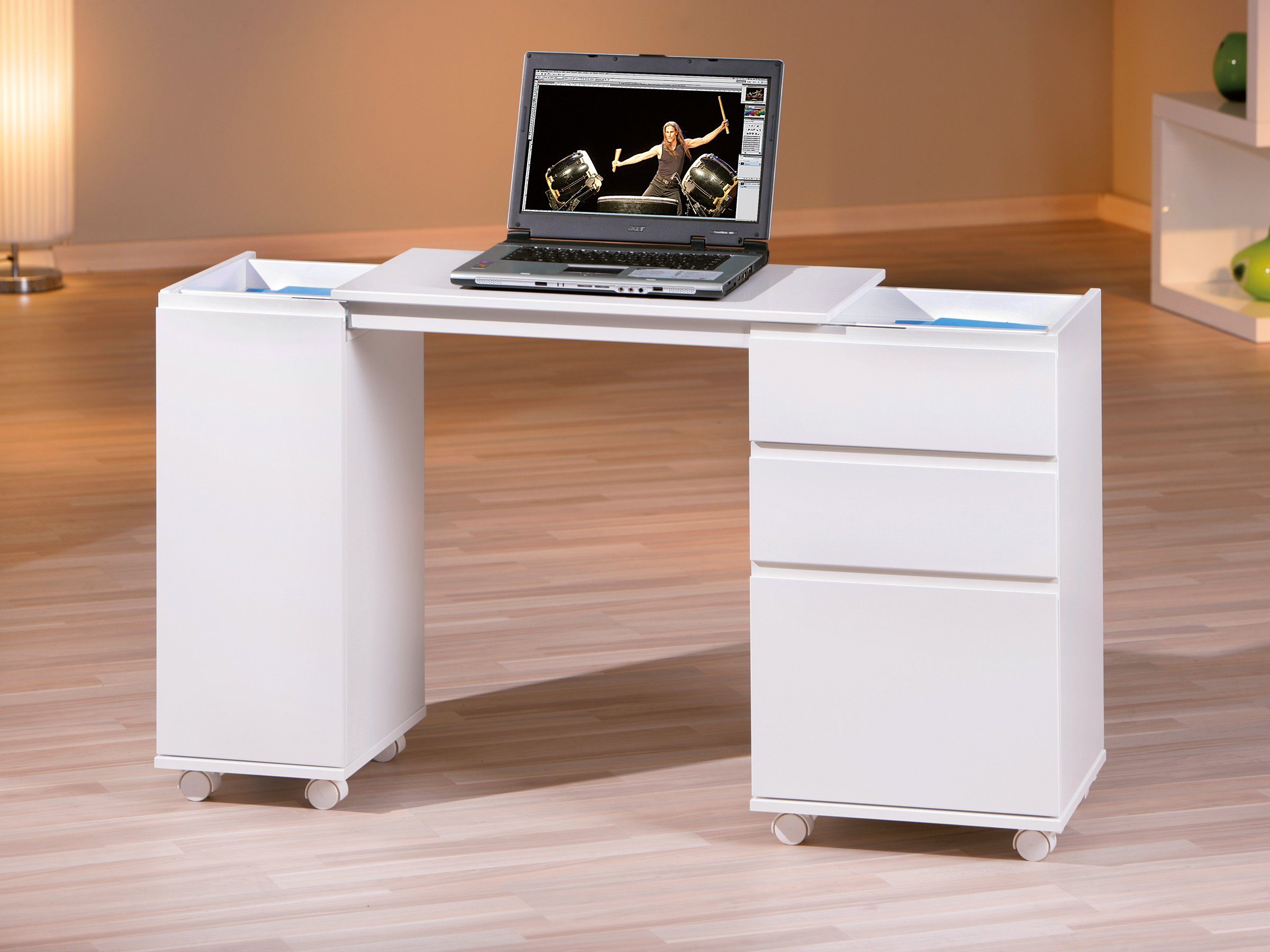 121 Tisch - Link ausziehbarer 66 Office, Schreibtisch Stauraum Rollen mit Inter auf viel cm, Laptop