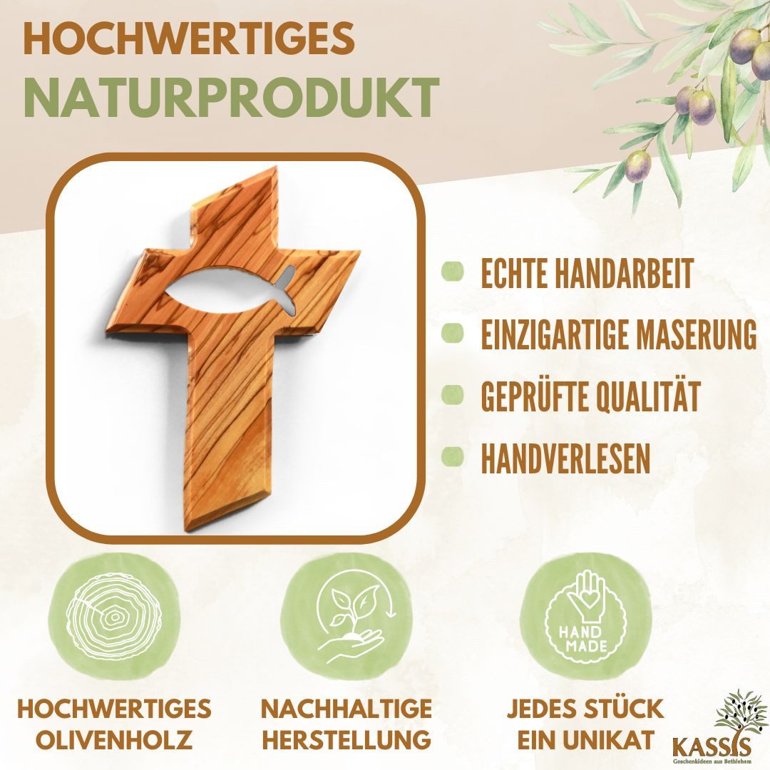 Kassis Geschenkartikel Wanddekoobjekt Olivenholz Kreuz mit Fisch 13 cm Geschenk zu mehreren Anlässen, Hergestellt in Bethlehem, Ideales Geschenk zu mehreren Anlässen