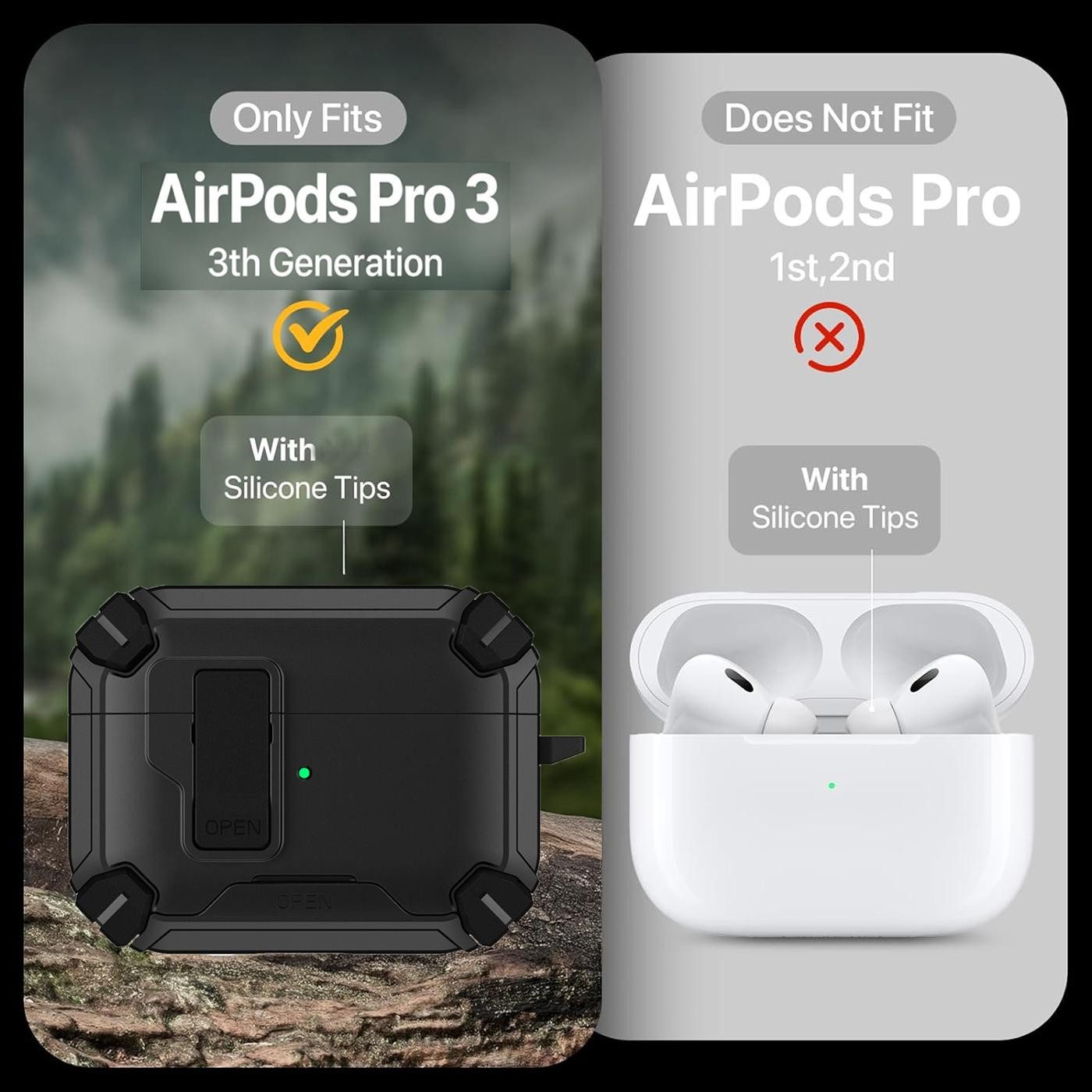 CoolGadget Kopfhörer-Schutzhülle Defender Hülle für Apple AirPods Pro 3 magnetisch mit Karabiner, 360° Full-Body Case Schutzhülle Handy Standfunktion magnetisch – Bild 3 von 5