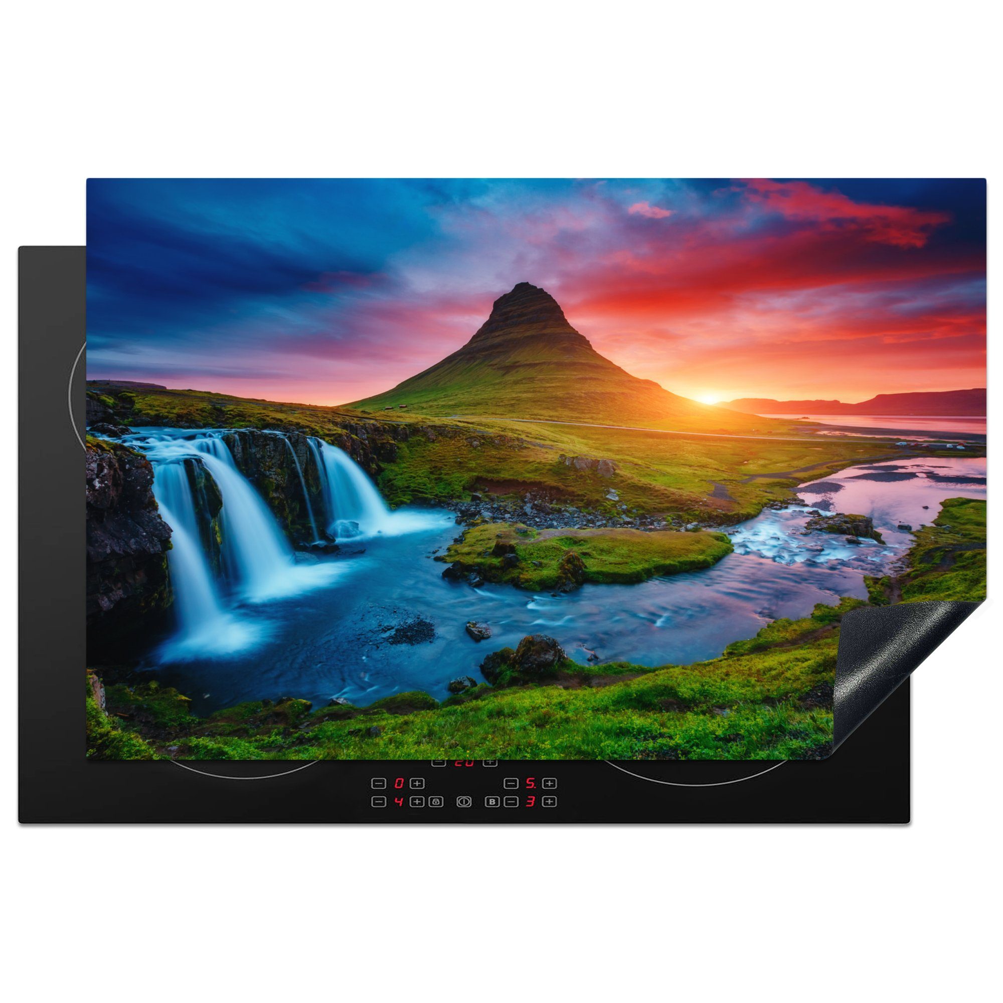 cm, für 81x52 - Vinyl, Herdblende-/Abdeckplatte tlg), (1 - Schutz - Sonnenuntergang die Ceranfeldabdeckung MuchoWow Natur, Induktionskochfeld - Moos Berg küche, Wasserfall