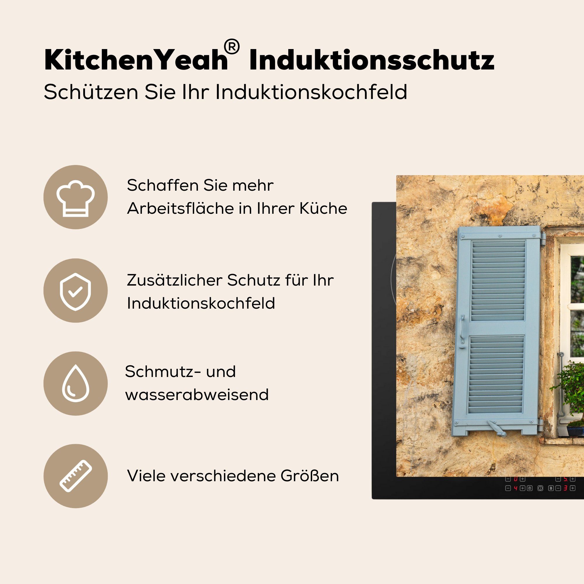 für Ceranfeldabdeckung Schutz Fensterläden, cm, Mauer Vinyl, MuchoWow 81x52 Induktionskochfeld Alte blauen tlg), küche, die Herdblende-/Abdeckplatte mit (1