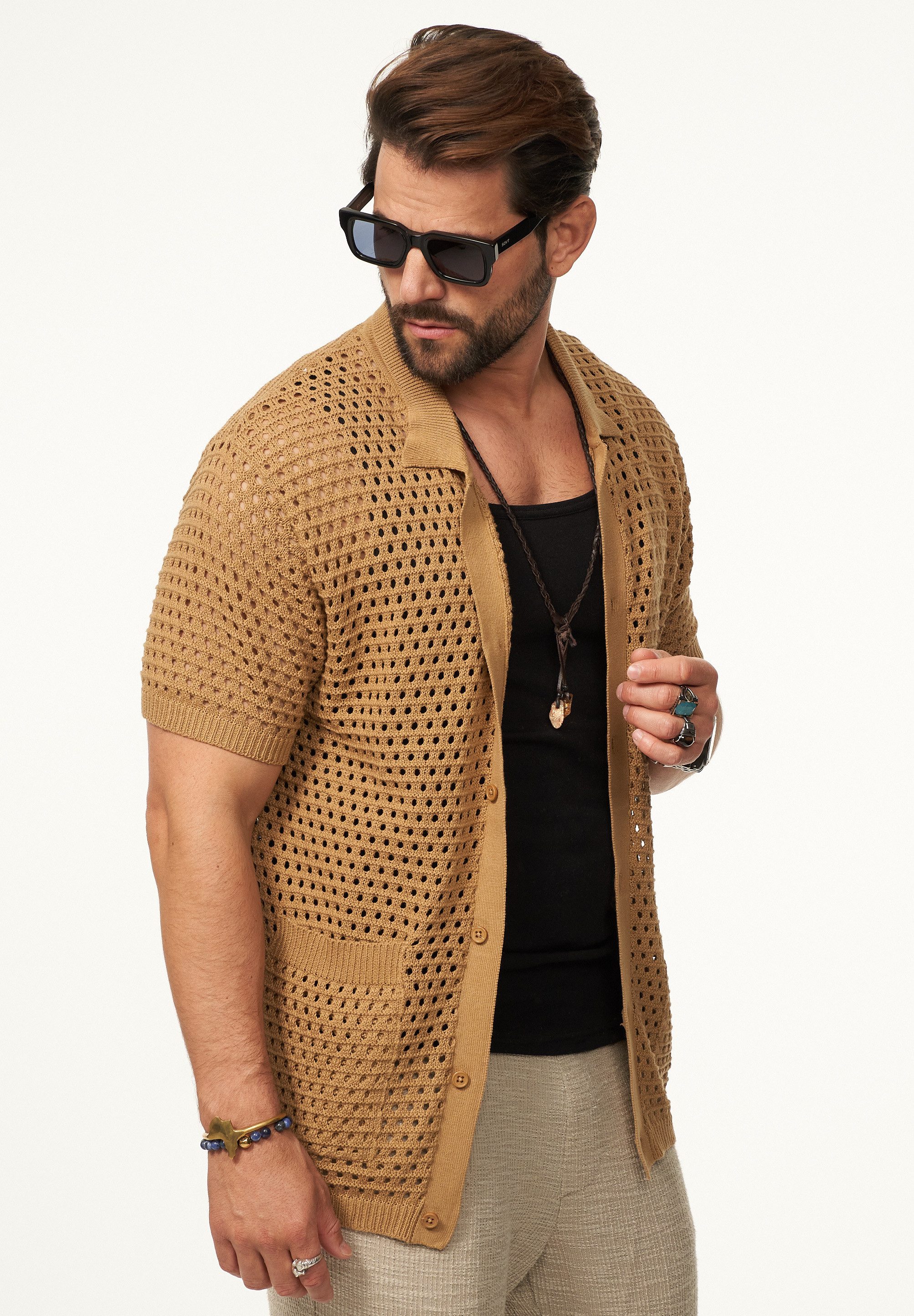 SOULSTAR Poloshirt im Crochet Vintage Summer-Look Herren Kurzarm Strick Polo-Hemd Cardigan T-Shirt