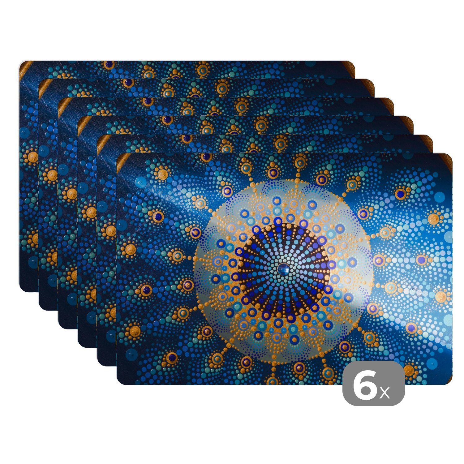 Platzset, Kreis - Mandala - Blau - Gelb, MuchoWow, (6-St), Platzset, Platzdecken, Platzmatte, Tischmatten, Schmutzabweisend