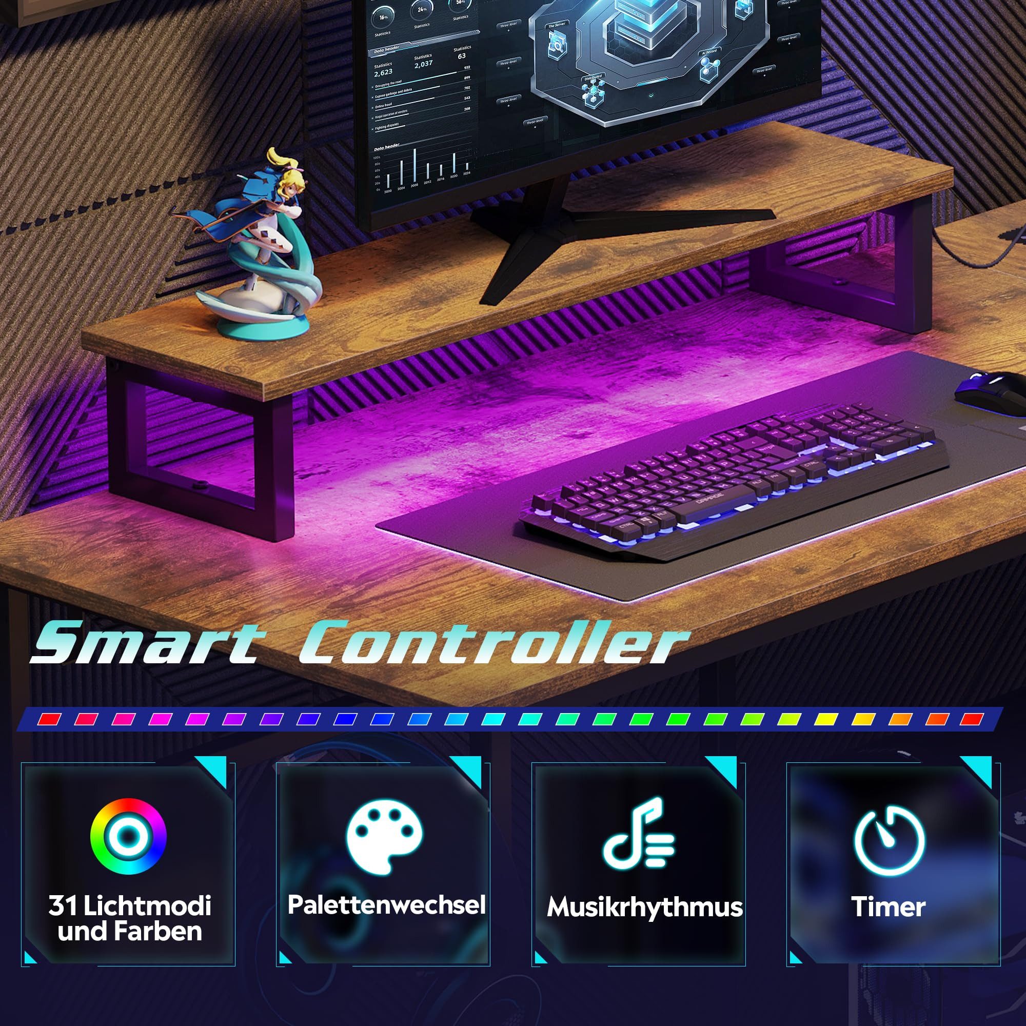 DEVAISE Computertisch Gamingtisch 111/120/140 x 80 cm Computertisch, L-förmiger Schreibtisch (Packung, Tablett mit Ständer), Computertisch mit LED, 2 USB und 2 AC-Steckdosen, für Büro