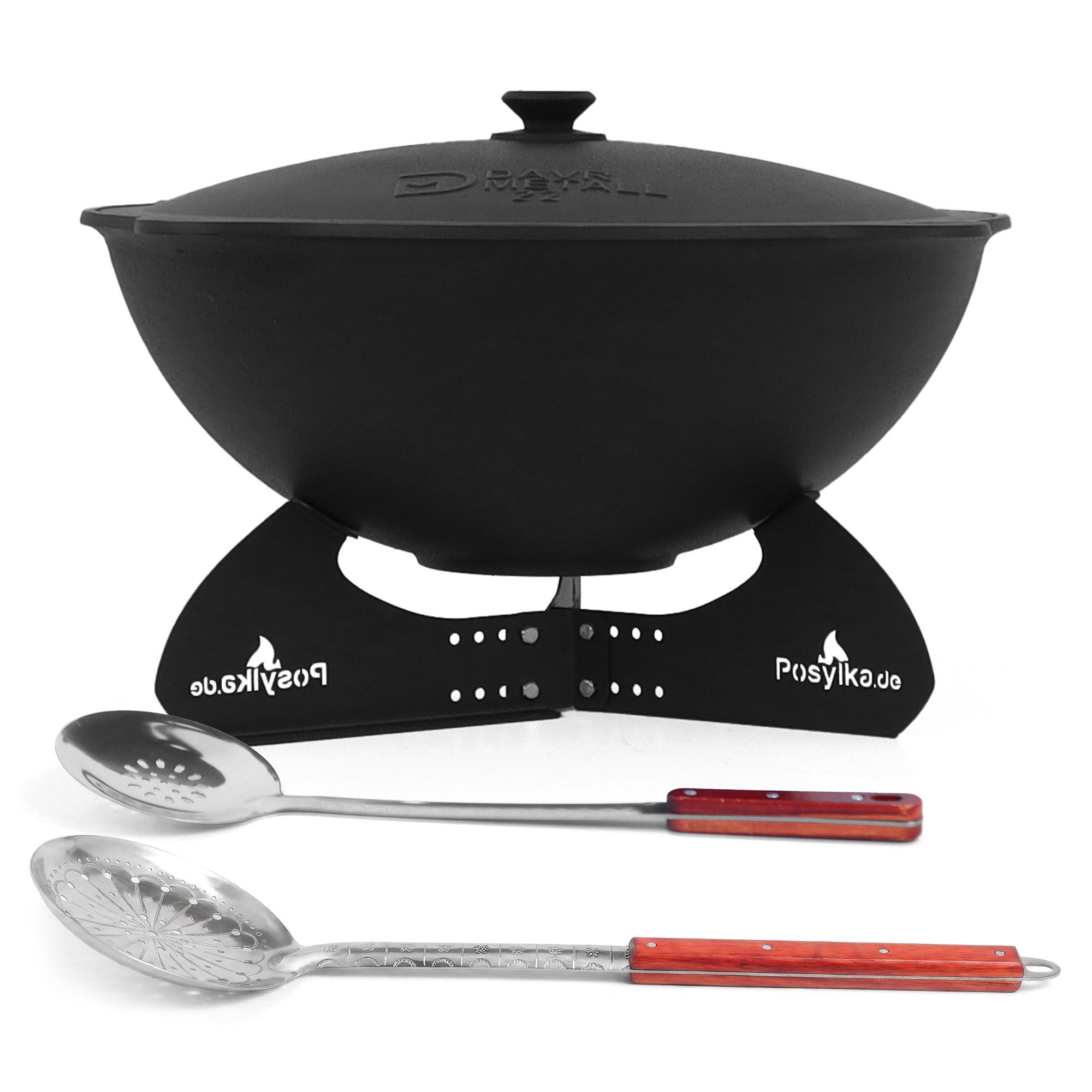 DAVR Metall Schmortopf Kasan 22 L Set 7-tlg. flacher Boden Untersetzer 2 Schaumlöffel Plov, Stahl, Gusseisen, Aluminium, Edelstahl, Kunststoff (7-tlg), Dickwandig