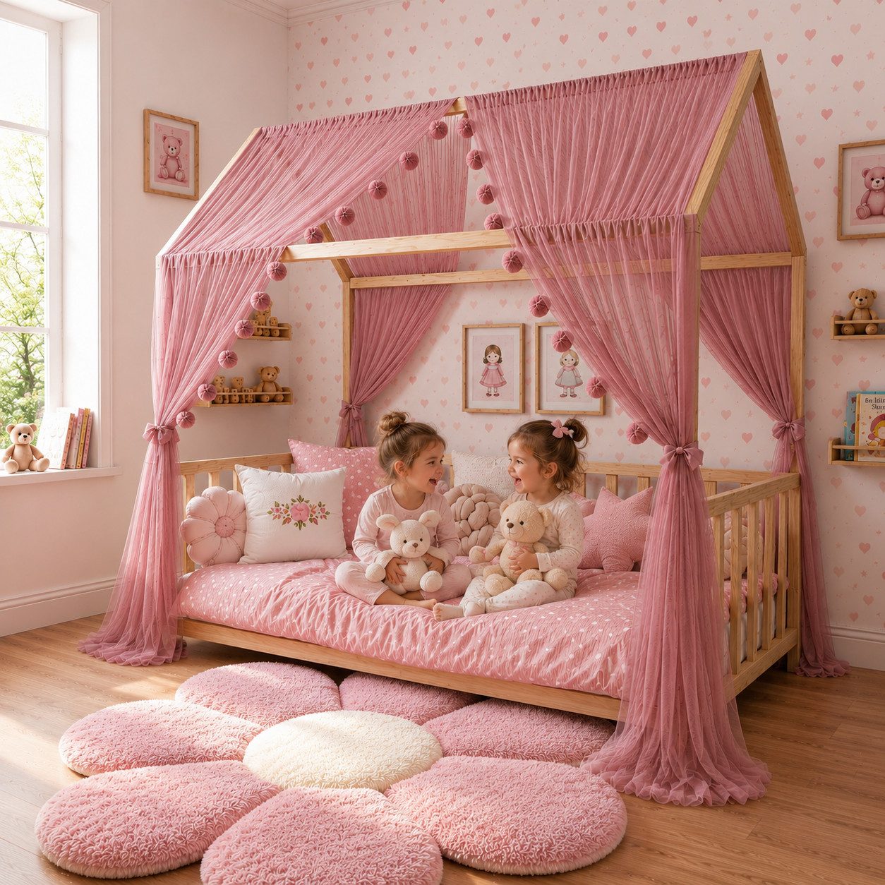 Baby Fancyroom Betthimmel Betthimmel Tüll Hausbett Kinderbett 2 Stück 340cm 380cm Montessori (3-tlg. Set mit 2x Betthimmel und einer 20er Pomponkette, Baldachin, Kinder Betthimmel Baldachin Himmel Deko Set), Betthimmel für Hausbett Montessori