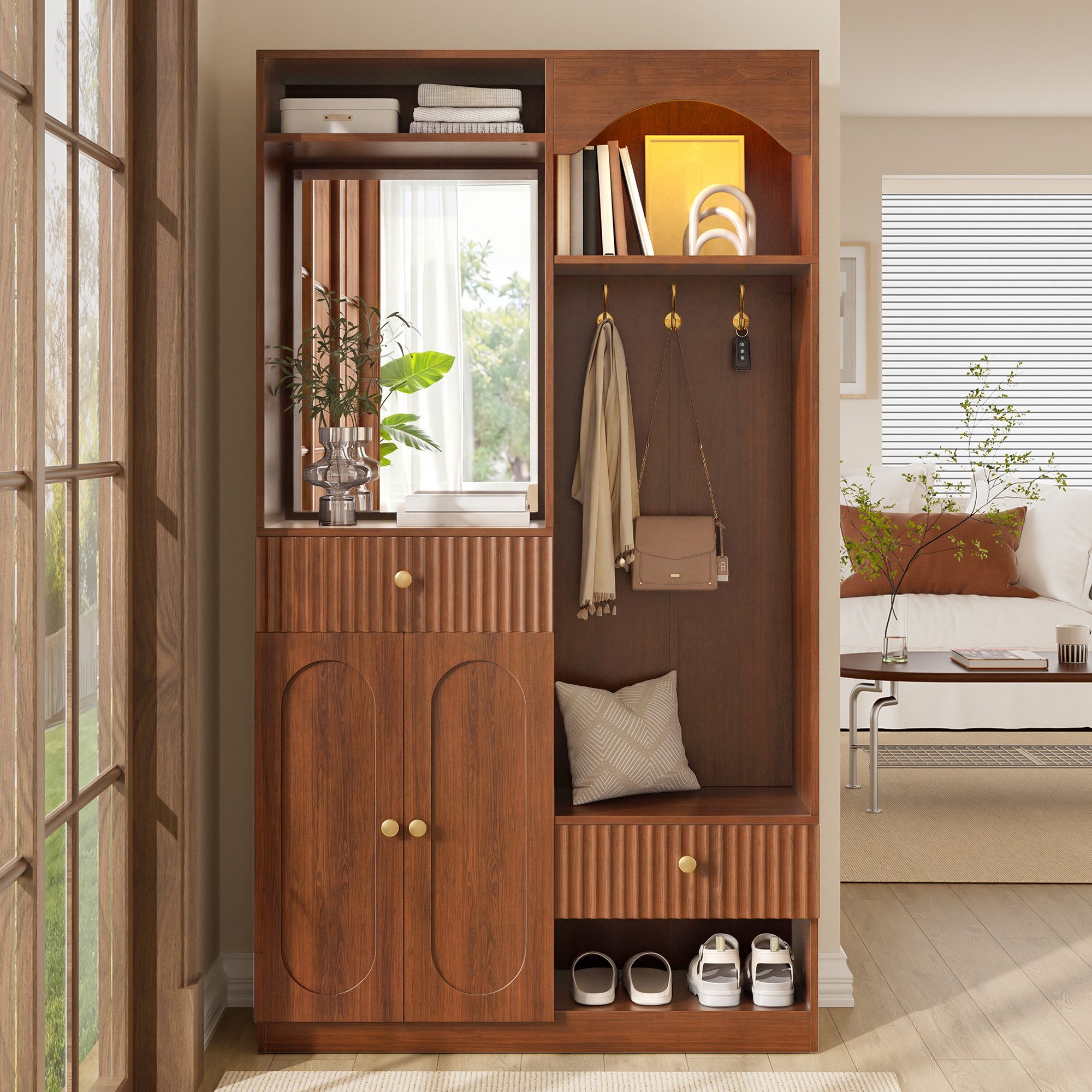 Merax Kompaktgarderobe mit Spiegel & Sitzbank (100 x 35 x 180 cm, 1-St) Garderoben-Set Flurgarderobe mit Schuhschrank, Haken & Stauraum