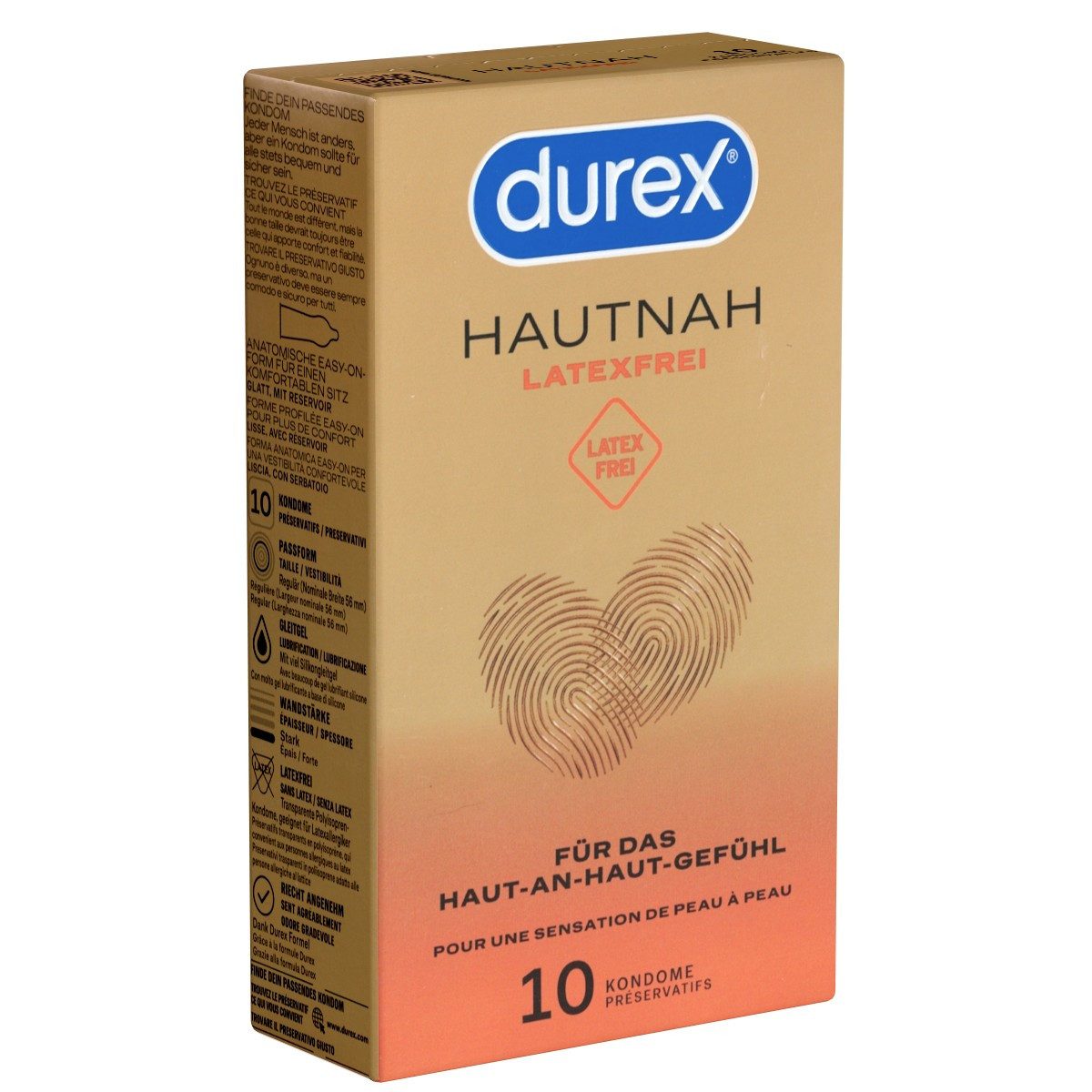 durex Kondome Hautnah Latexfrei Packung mit, 10 St., latexfreie Markenkondome mit Easy-On™-Passform