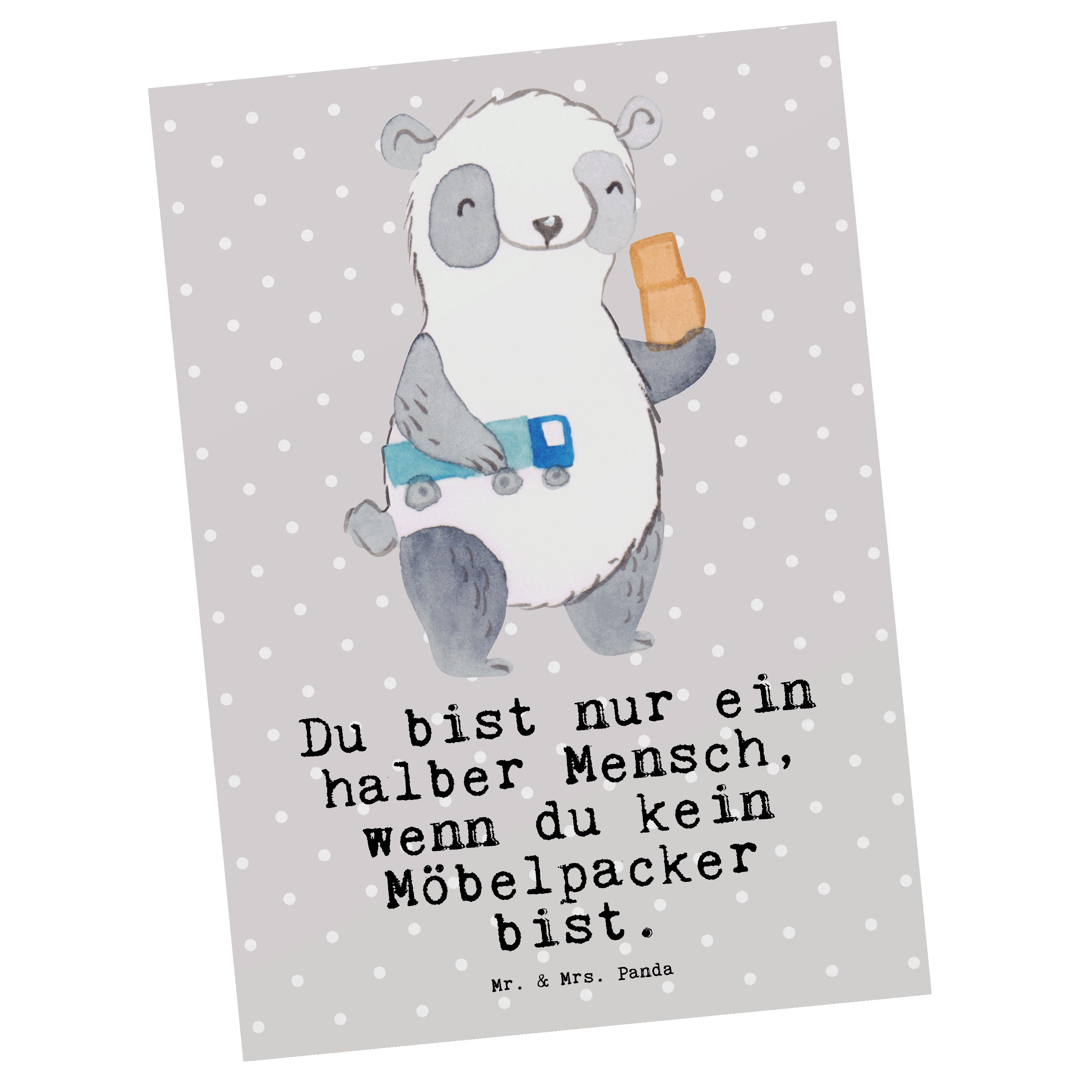 Mr. & Mrs. Panda Postkarte Möbelpacker mit Herz - Grau Pastell - Geschenk, Mitarbeiter, Umzugsse