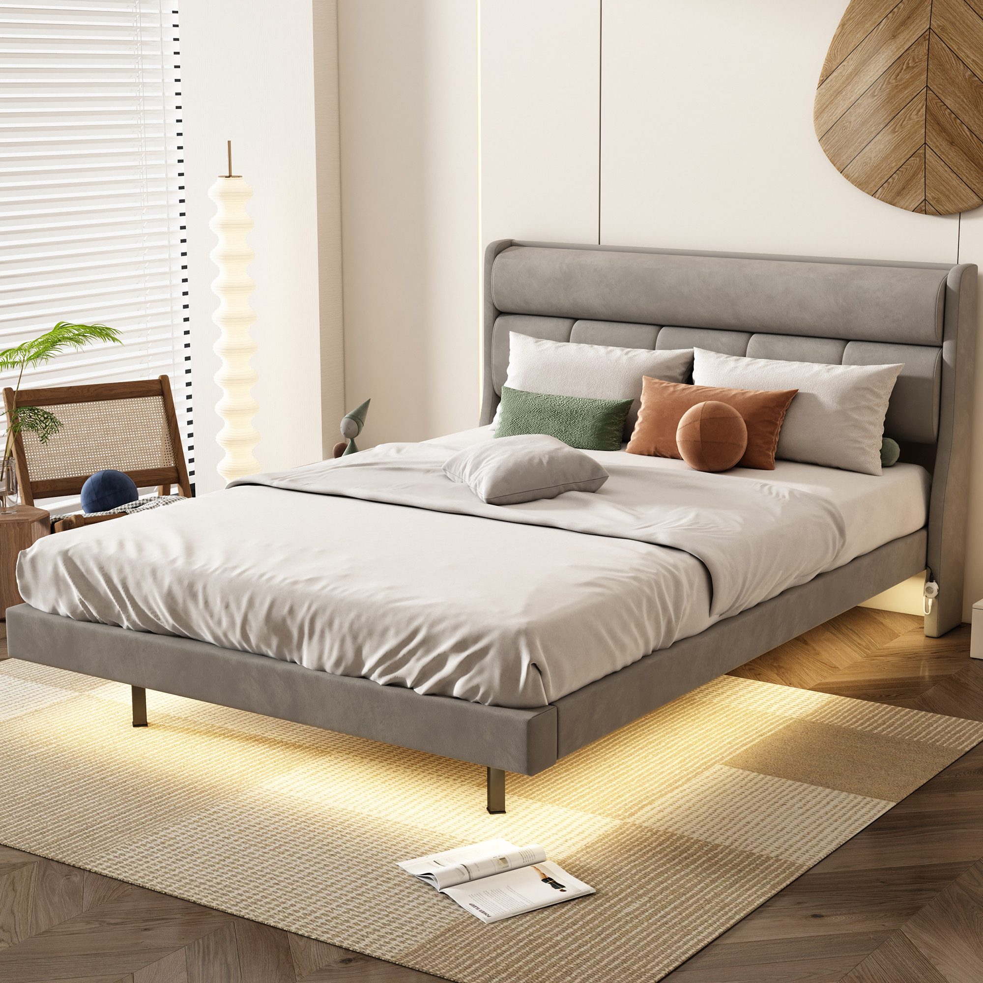 MODFU Polsterbett flaches Bett, schwebendes Bett (ausgestattet mit menschlichem Sensorlicht, warm gepolstert), ohne Matratze, 140x200 cm