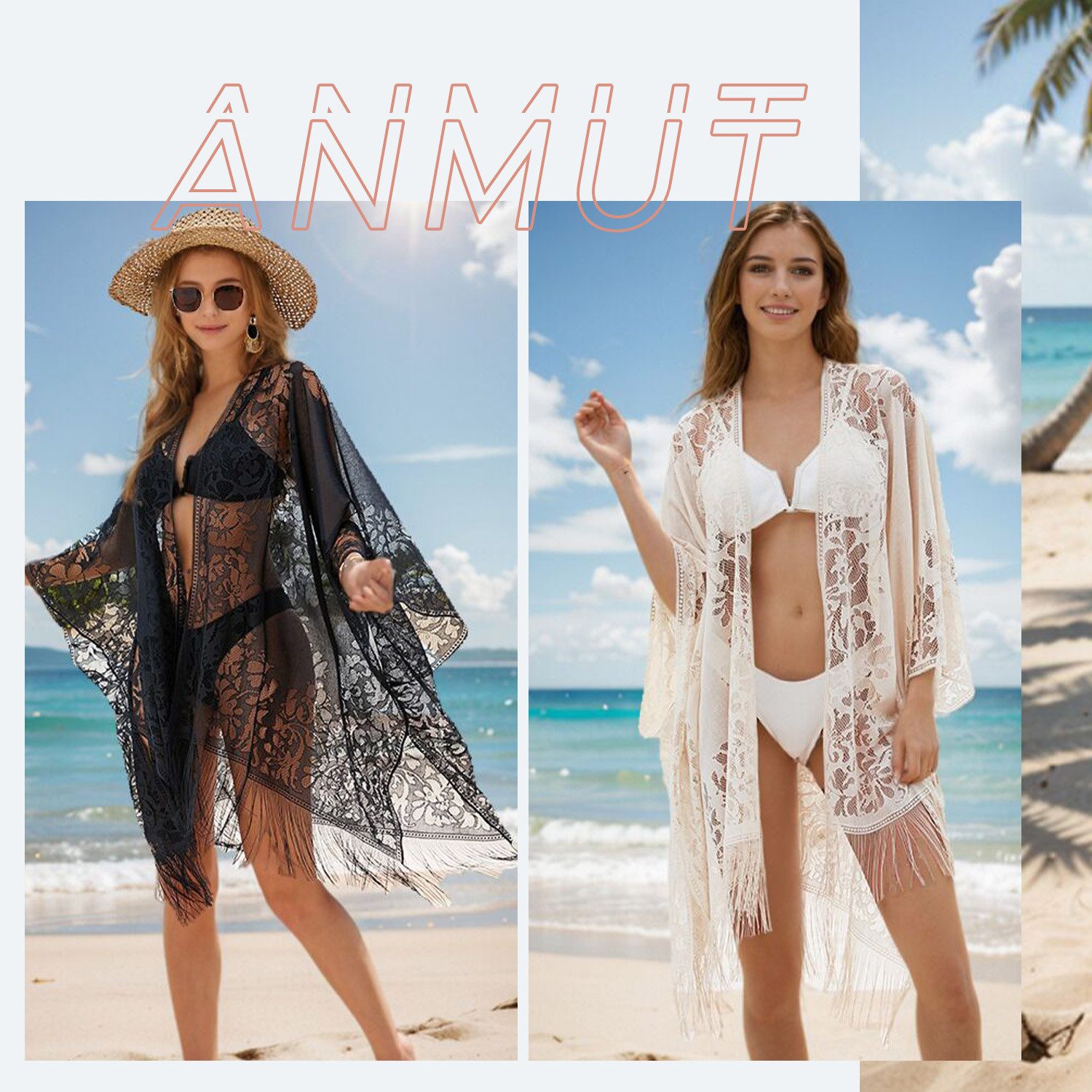 Refttenw Strickjacke Badebekleidung,Sexy Eleganter Spitzen-Kimono Strandponcho,mit Quaste