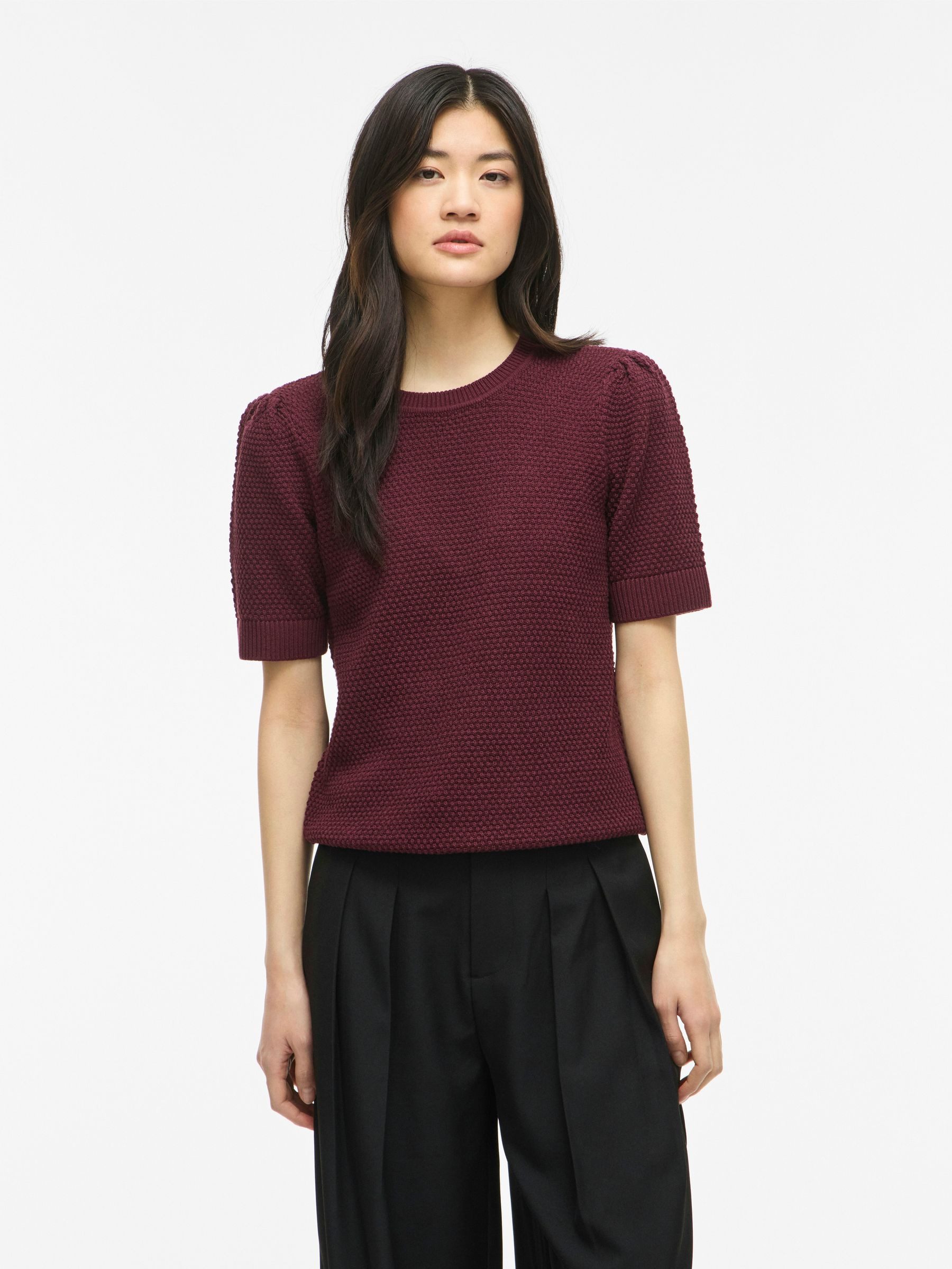 Vila T-Shirt Strickstruktur Rundhals Volumenärmel Rippbündchen Basic für Damen (1-tlg) Bio-Baumwollanteil, Nachhaltig, Regular Fit, Kurzarm, Alltagslook