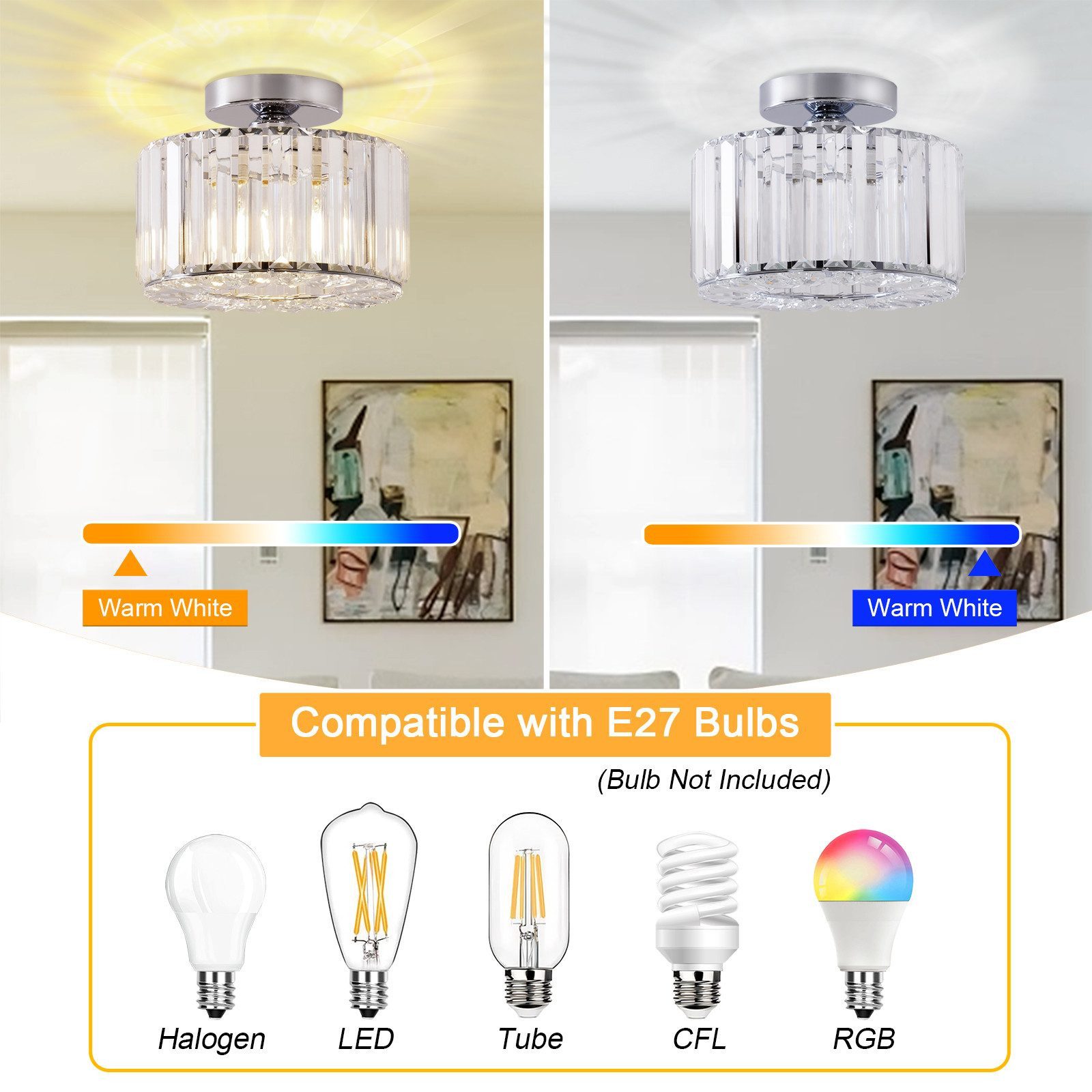 Ophy Deckenleuchte Moderne Kristall-Deckenleuchte mit Glaslampenschirm, Pendelleuchte & halbbündige Montage, für Wohnzimmer, Schlafzimmer & Esszimmer