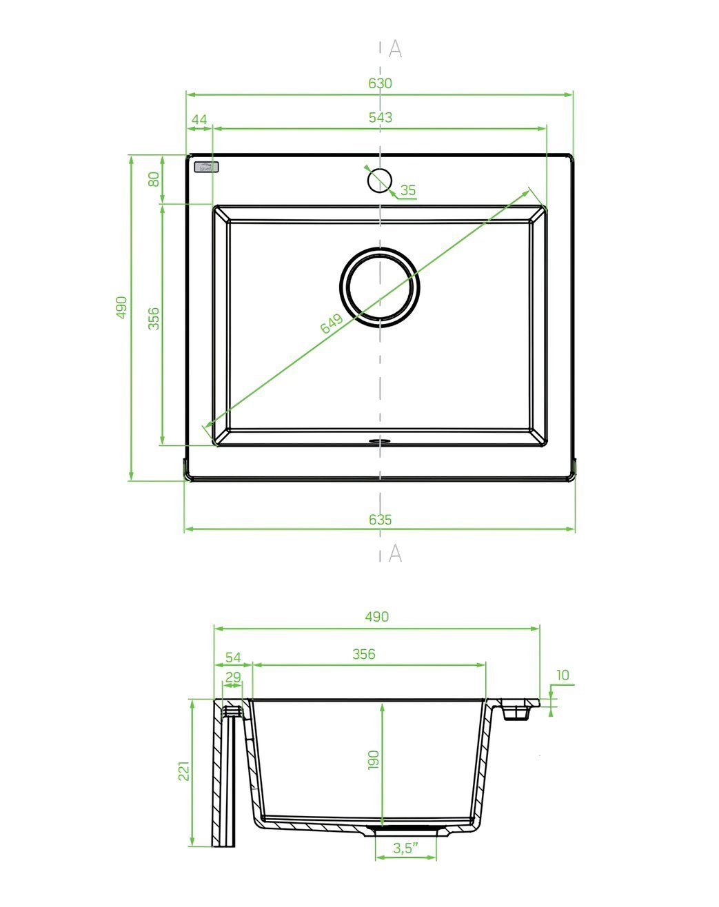 Küchenspüle Rechteckig, Siphon GRATIS KOLMAN Saving Einzelbecken 49/63 Space Komodo Granitspüle, Schwarz, cm,