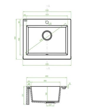 KOLMAN Küchenspüle Einzelbecken Komodo Granitspüle, Rechteckig, 49/63 cm, Schwarz, Space Saving Siphon GRATIS