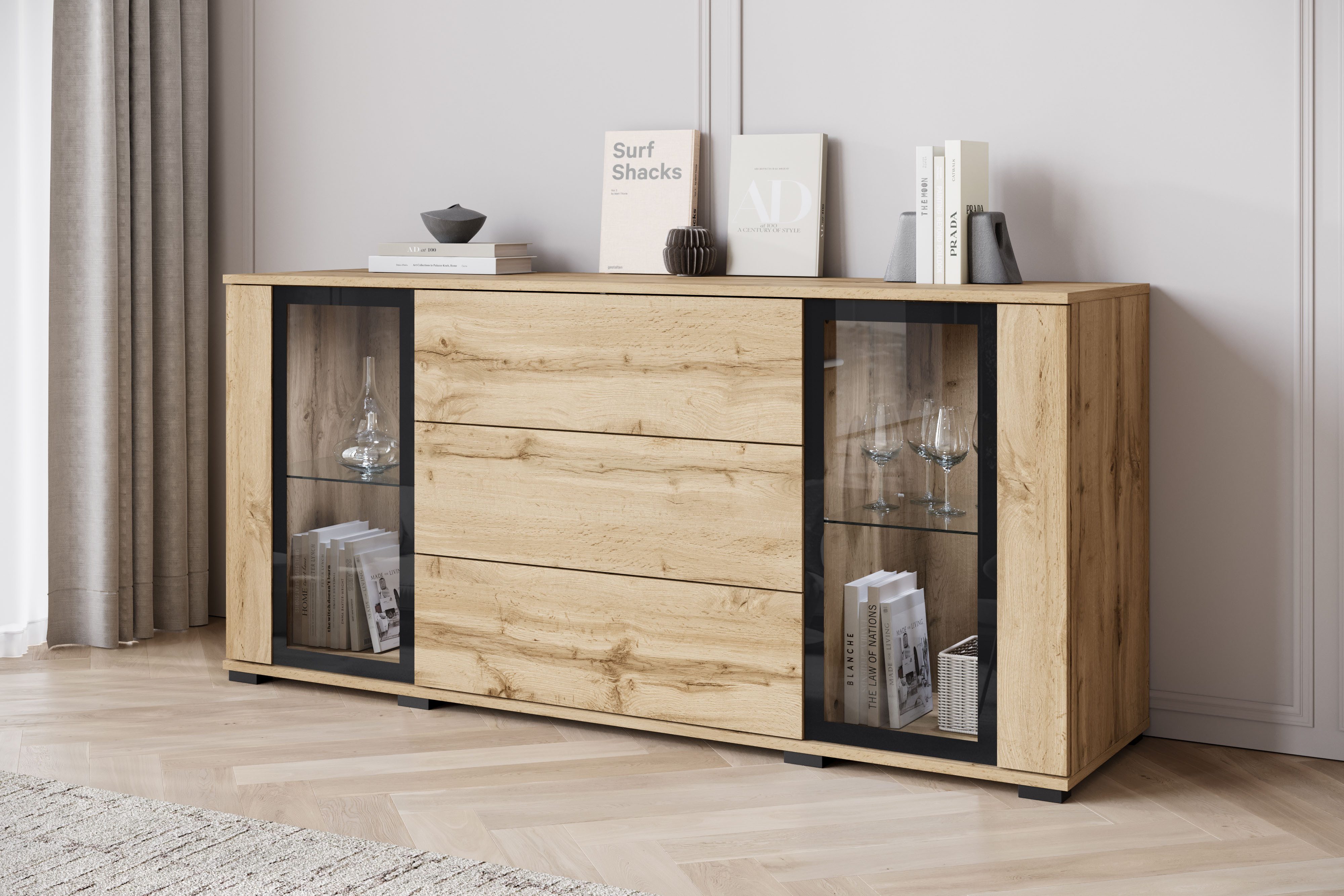 Home affaire Sideboard modernes Design mit Glaseinsätzen und 3 Schubladen, Breite 150 cm (1 St), Grifflose Fronten mit Push-to-Open, höhenverstellbare Einlegeböden