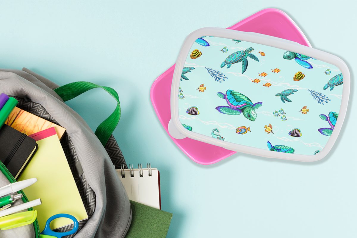 Wasser Kunststoff, (2-tlg), Fisch Lunchbox Brotbox Muster, Regenbogen - - Kunststoff - Schildkröte Mädchen, Brotdose für Erwachsene, - rosa Snackbox, MuchoWow Kinder,