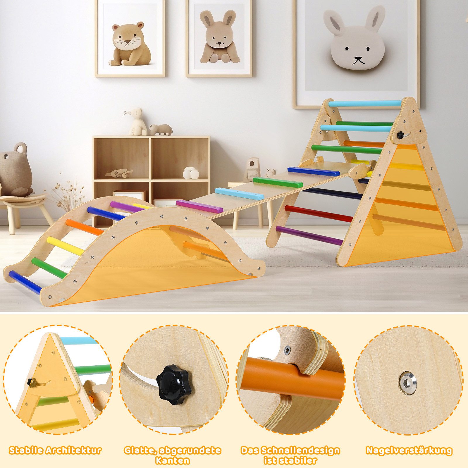 TLGREEN Klettergerüst Indoor Klappbar, 2 in 1 Kletterdreieck mit Rutsche, (3-St), Regenbogen Kletterdreieck mit Rutsche