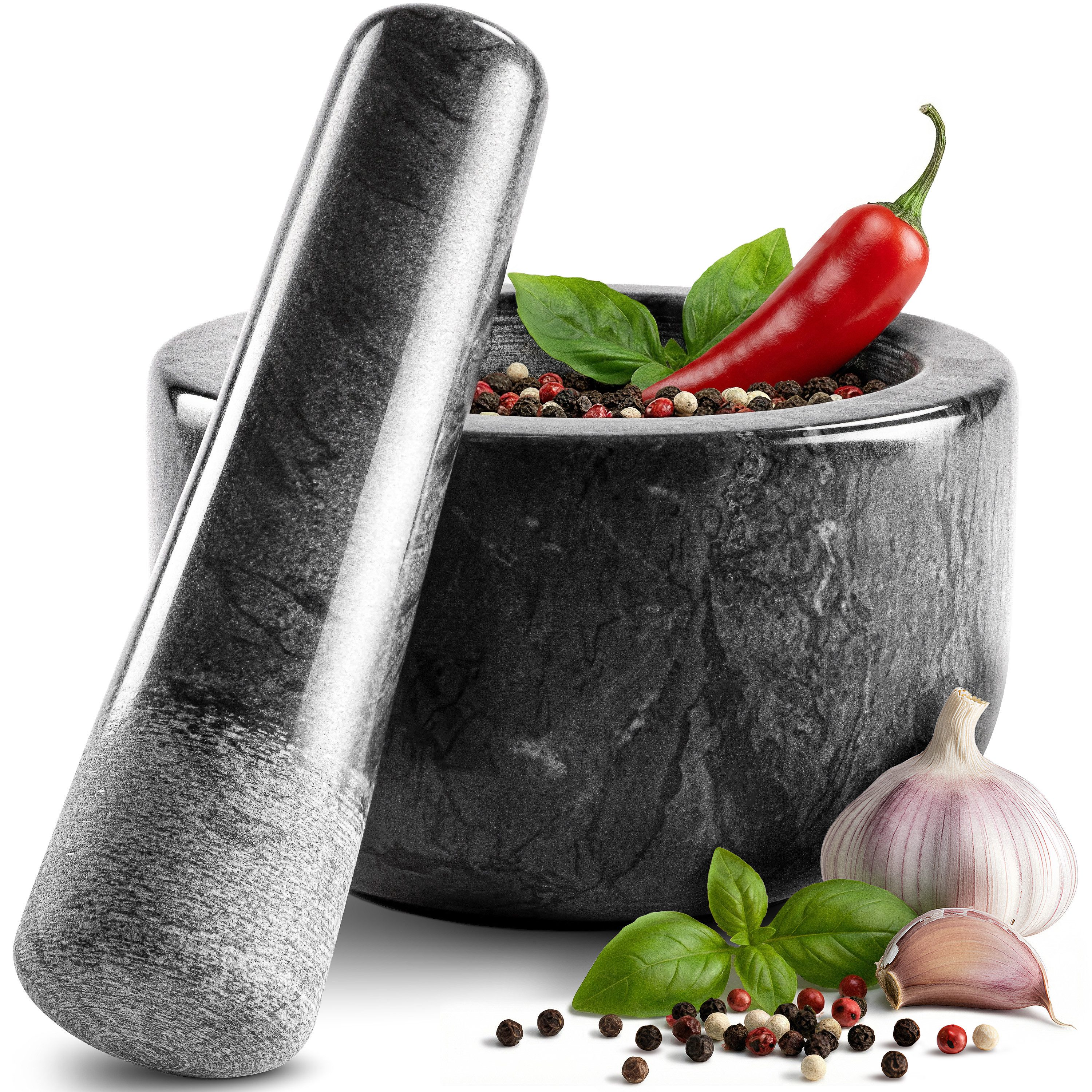 madeco Mörser Marmor Mörser mit Stößel mit Antirutsch-Pad - für Gewürze & Kräuter, (Set, 2-tlg), Ø 14 x 8,5 cm, 400 ml Füllvolumen