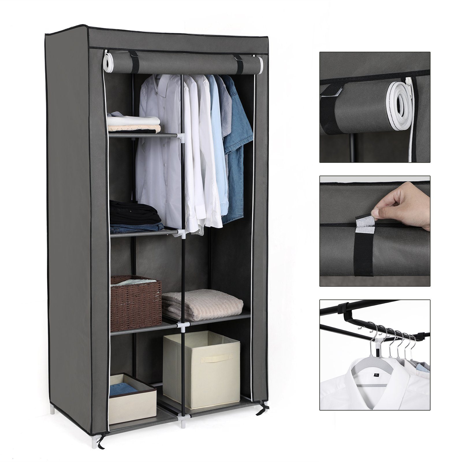 SONGMICS Kleiderständer, Garderobe, mit 1 Kleiderstange, 6 Ablagen, Vliesstoff