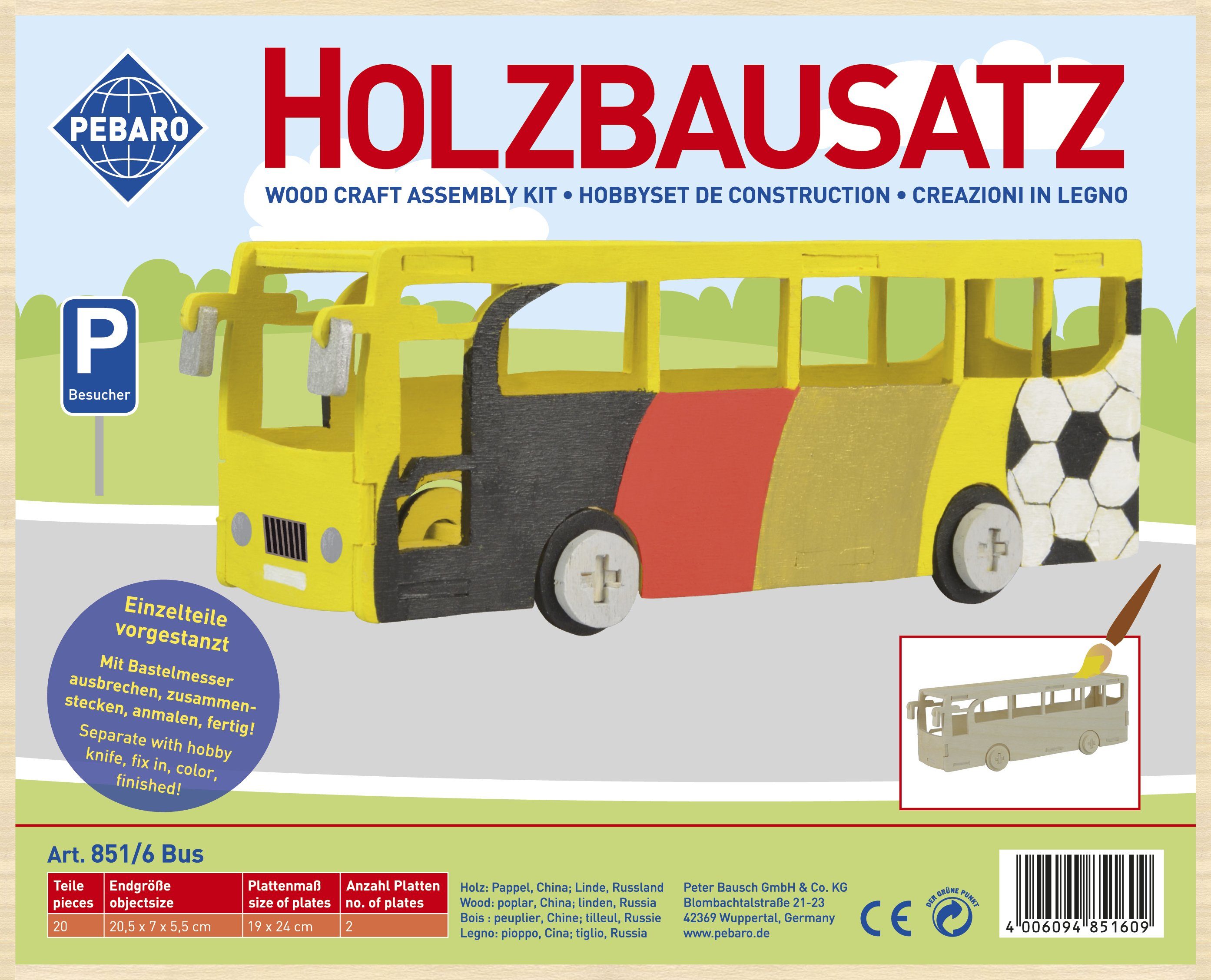 Pebaro 3D-Puzzle Holzbausatz Bus, 851/6, 20 Puzzleteile