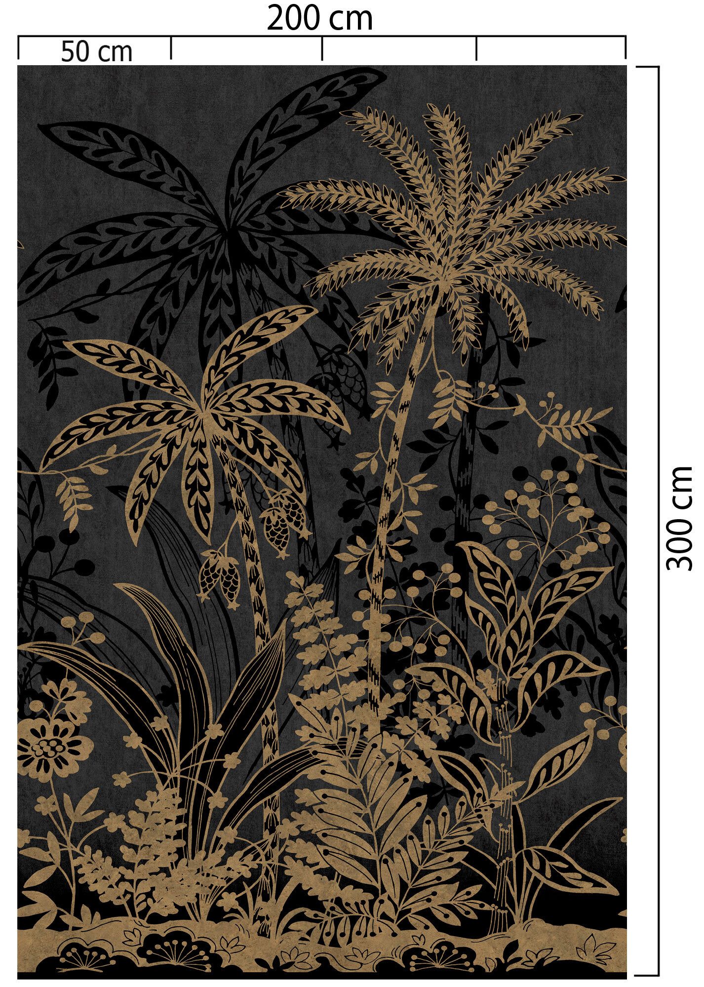 Rasch Fototapete Palmen, tropische Blätter in Gold und Schwarz - 3,00m x 2,00m, glatt, Palmen, exotisch, Dschungel, tropisch, botanisch, (1 St), Dschungel