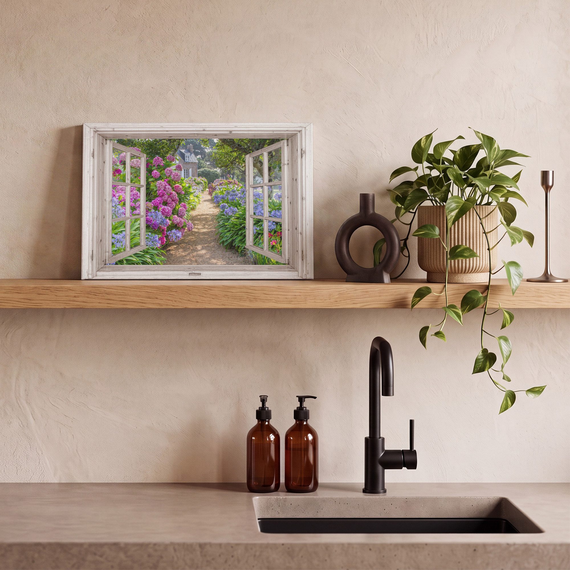 OneMillionCanvasses® Leinwandbild Hortensie - Fensterblick - Fenster - Blumen - Sommer - Lila - Weg, Fotodruck (1 St), Leinwand Bilder Klein, Wand Dekoration Ae – Bild 5 von 5