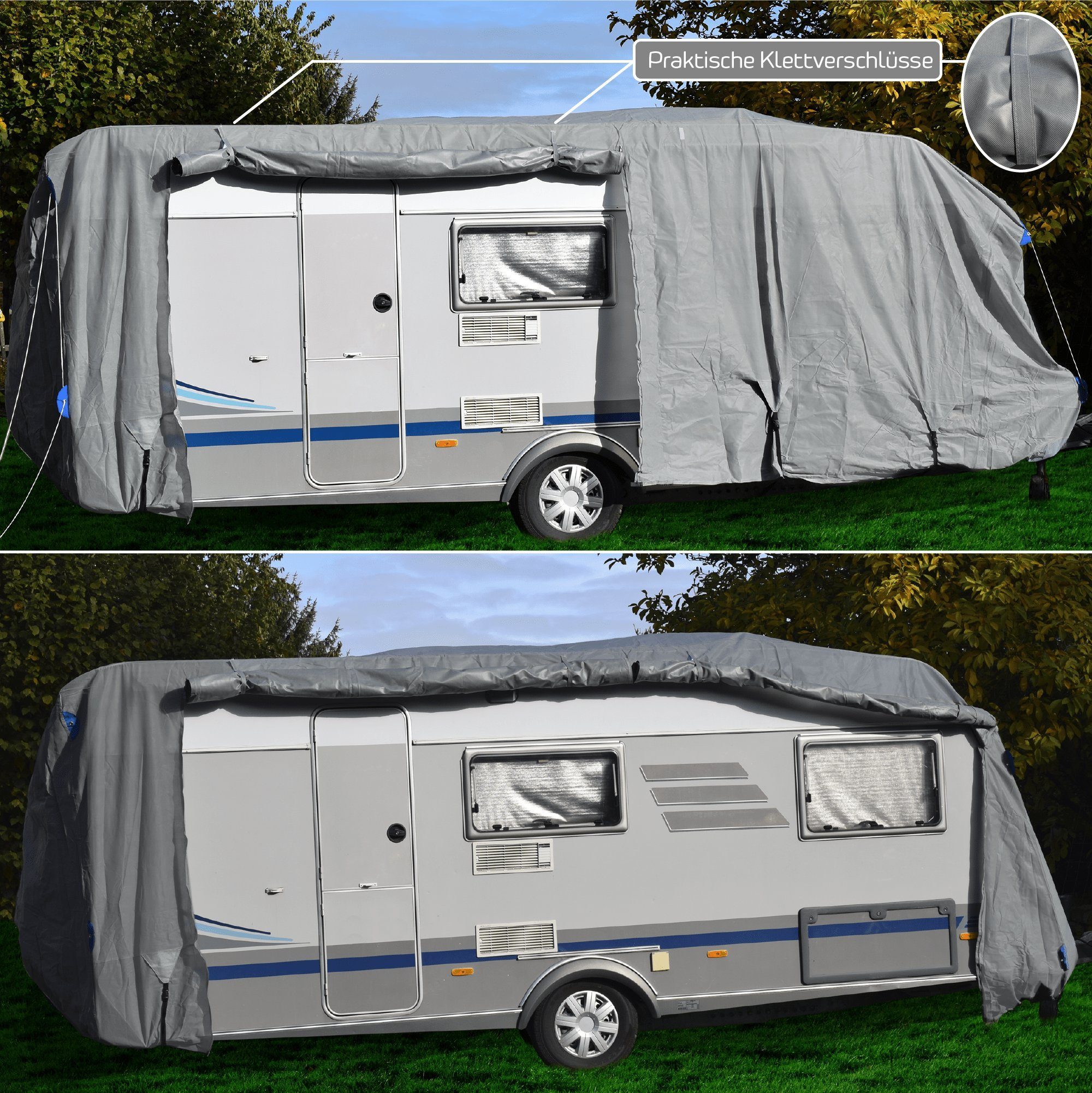 Green Yard Wohnwagenschutzhülle Wohnwagen Abdeckplane mit Reflektoren Gr.M 550 x 250 x 220 cm (1 Stück, Inkl. Tragetasche), UV-beständig, schimmelresistent und reißfest