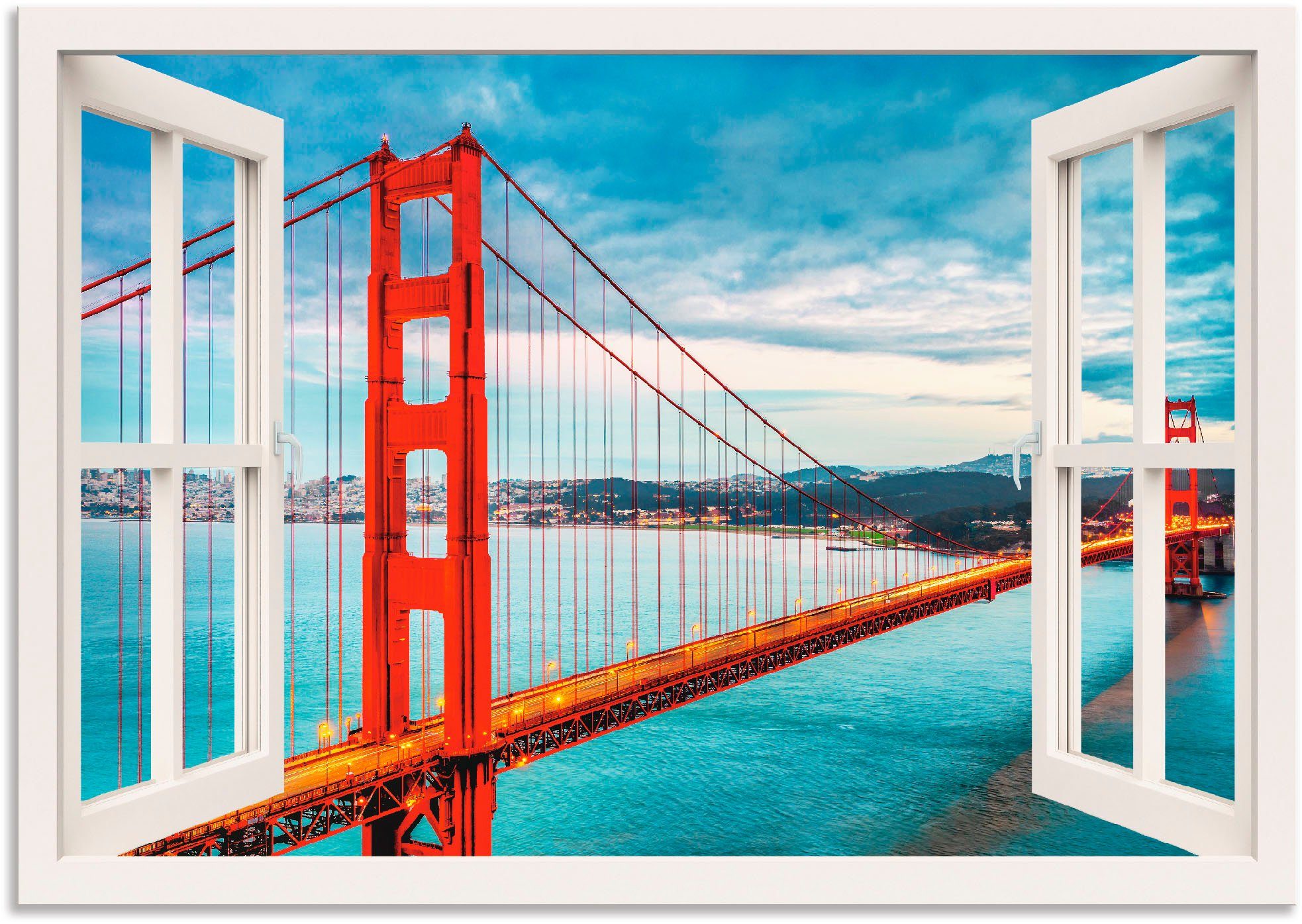 Artland Wandbild Fensterblick Golden Gate Bridge, Fensterblick (1 St), als Alubild, Leinwandbild, Wandaufkleber oder Poster in versch. Größen