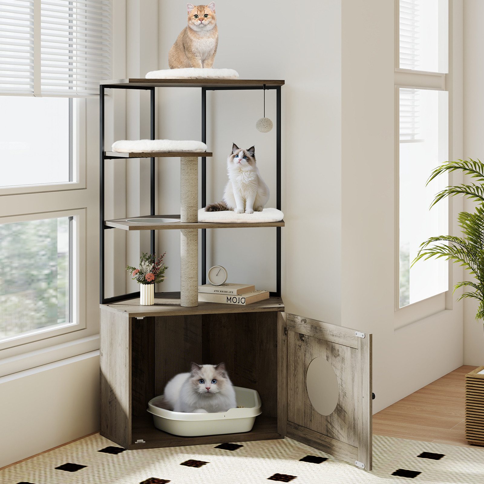 COSTWAY Tierhaus, Kratzbaum mit Katzenklo Schrank, Katzenschrank, Katzenhaus