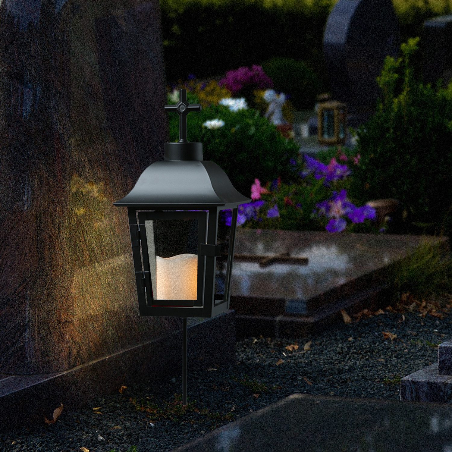 MARELIDA LED Laterne Grablaterne mit Mini LED Kerze Grablicht wechselbare Spitzen Grablampe, LED Classic, amber