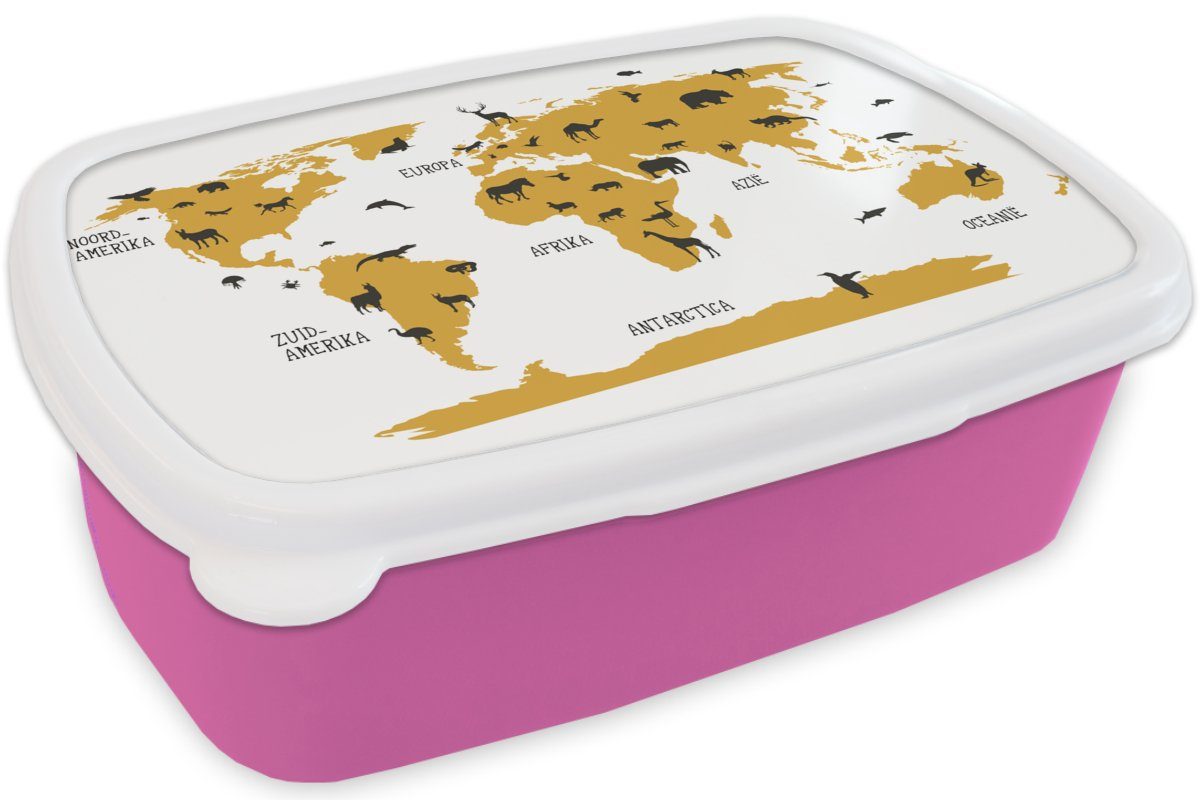 Brotdose Lunchbox für Brotbox Weltkarte (2-tlg), - Kinder, rosa - Kunststoff Kind, Kinder MuchoWow - Tiere Mädchen, Erwachsene, Snackbox, Gold Kunststoff, -