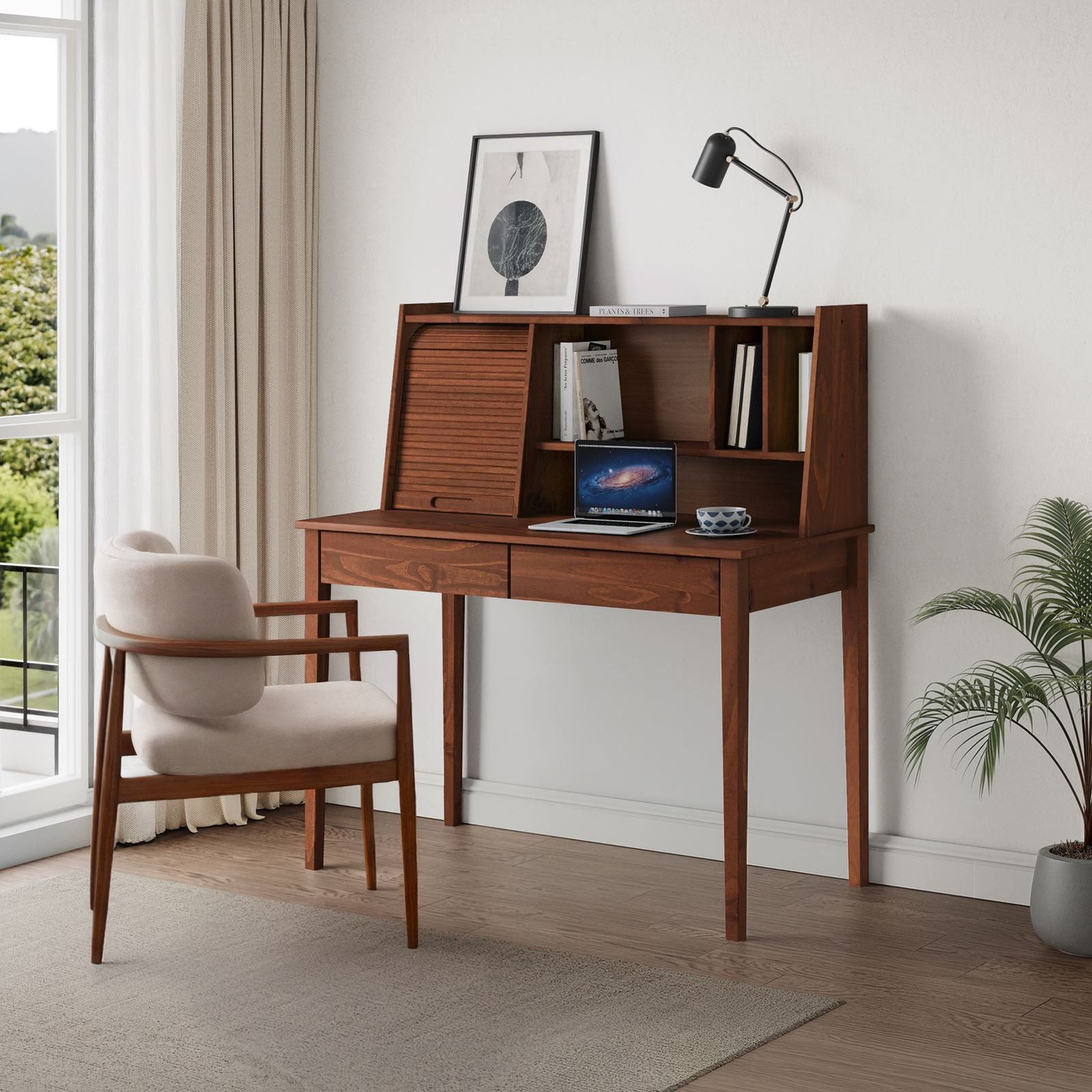 IDIMEX Schreibtisch ALISA, Massivholz Schreibtisch mit 2 Schubladen und Rollladen Kastanie Finish